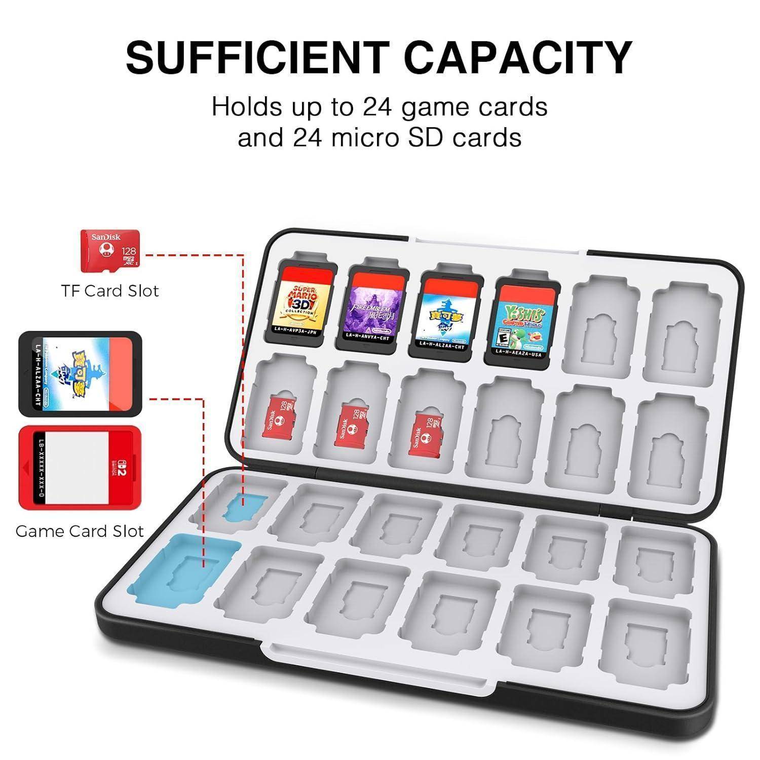 Spielkartenhalter geöffnet mit acht Spielkarten im Inneren und 16 leeren Fächern. Text besagt ausreichende Kapazität für 24 Spielkarten, 24 Micro-SD-Karten.