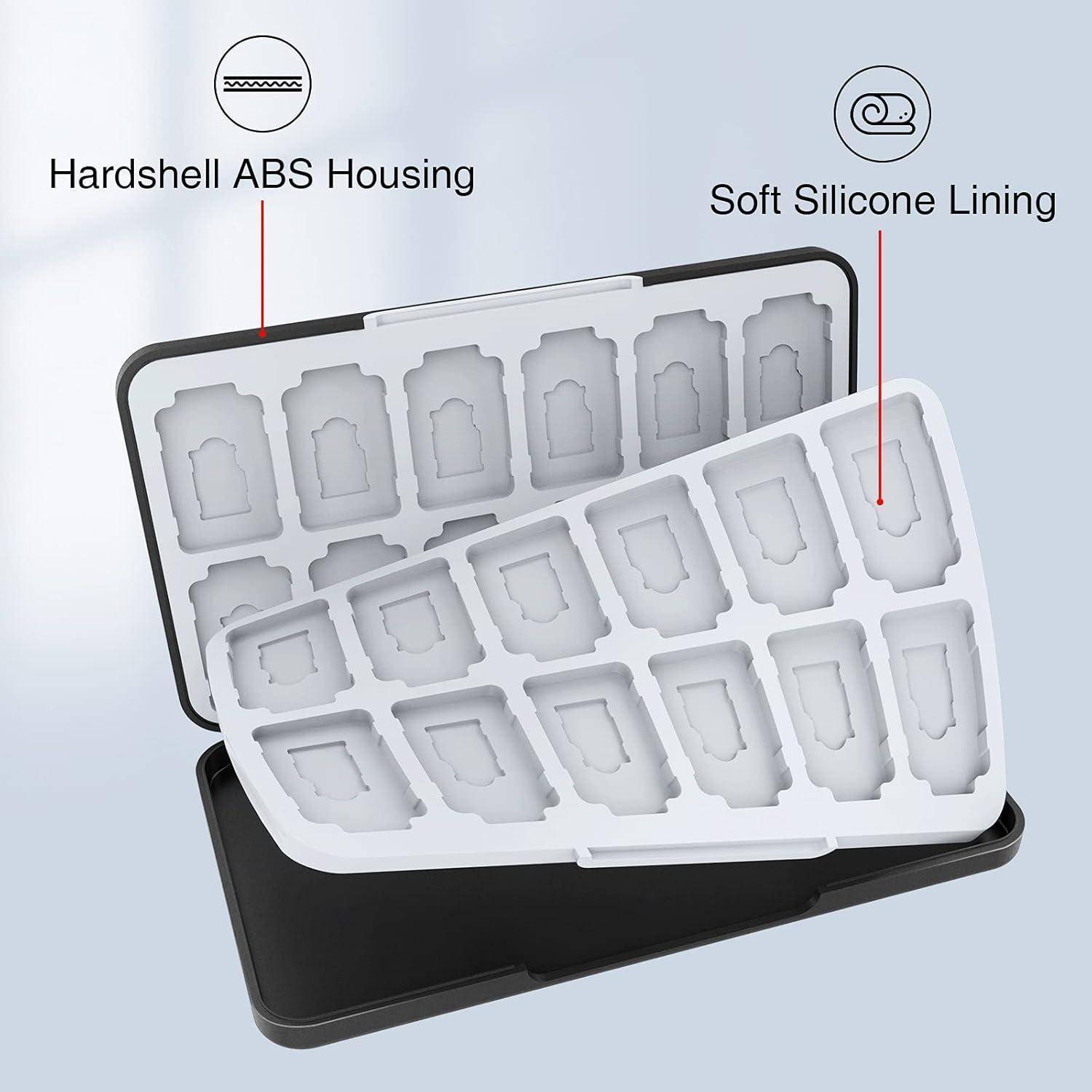 Speicherkarten-Etui mit robustem ABS-Gehäuse und weicher Silikonauskleidung. Bietet Platz für mehrere Karten und sorgt für Schutz und Organisation.
