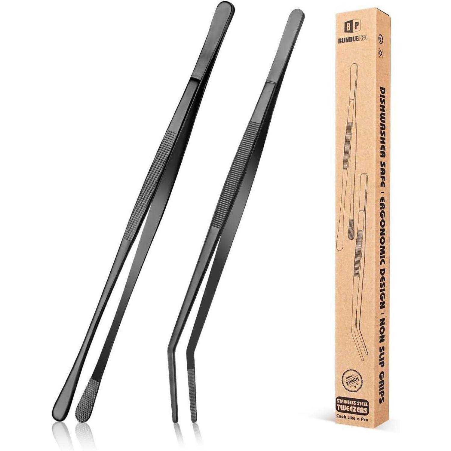 2 Stück Schwarze Profi Edelstahl Pinzetten Set 12'' Küchenpinzette BBQ