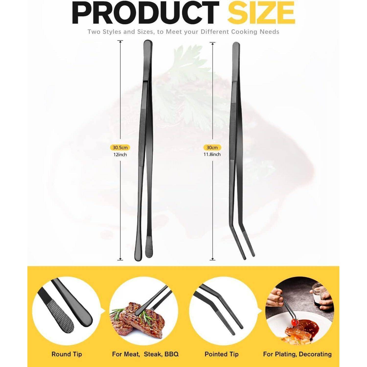 2 Stück Schwarze Profi Edelstahl Pinzetten Set 12'' Küchenpinzette BBQ