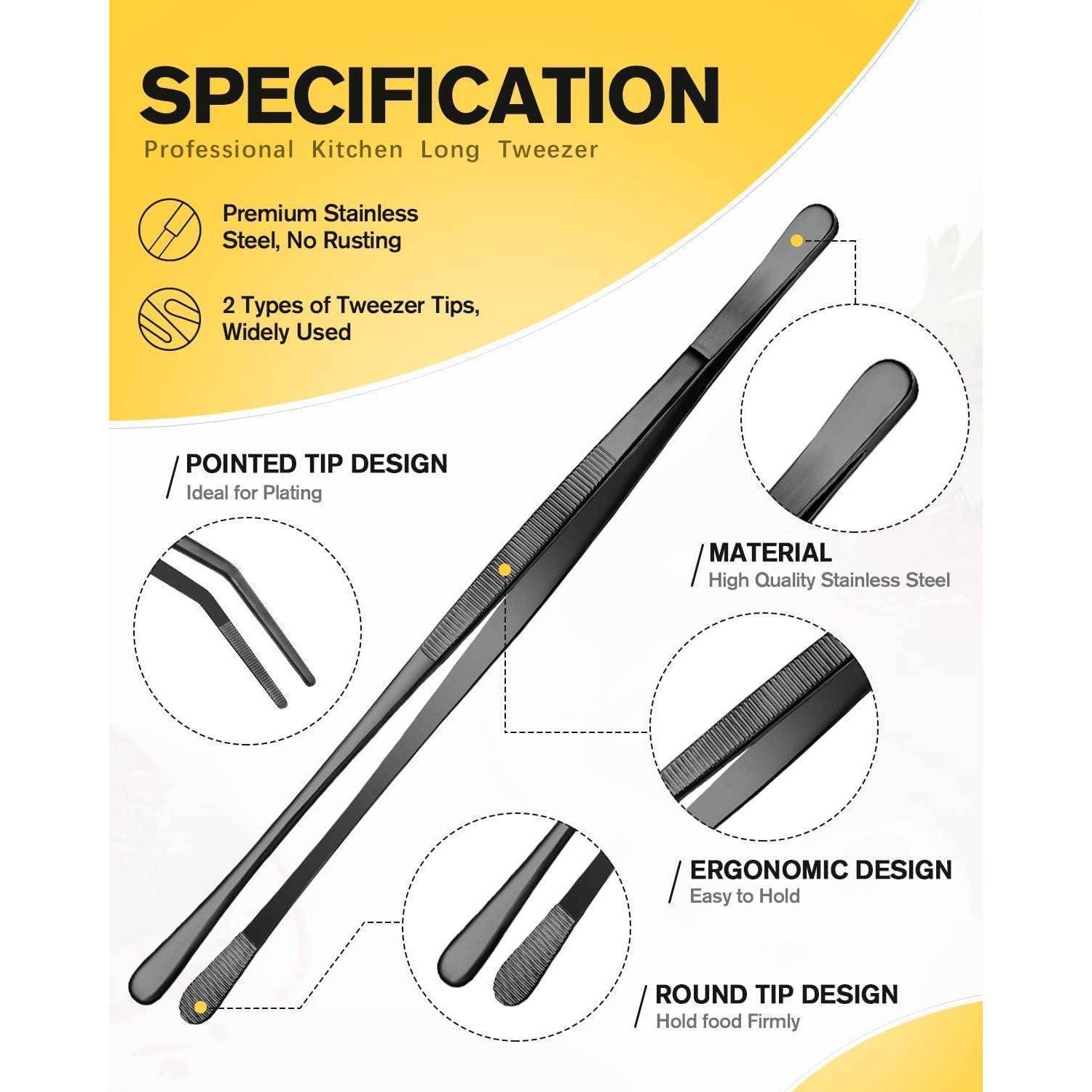 2 Stück Schwarze Profi Edelstahl Pinzetten Set 12'' Küchenpinzette BBQ