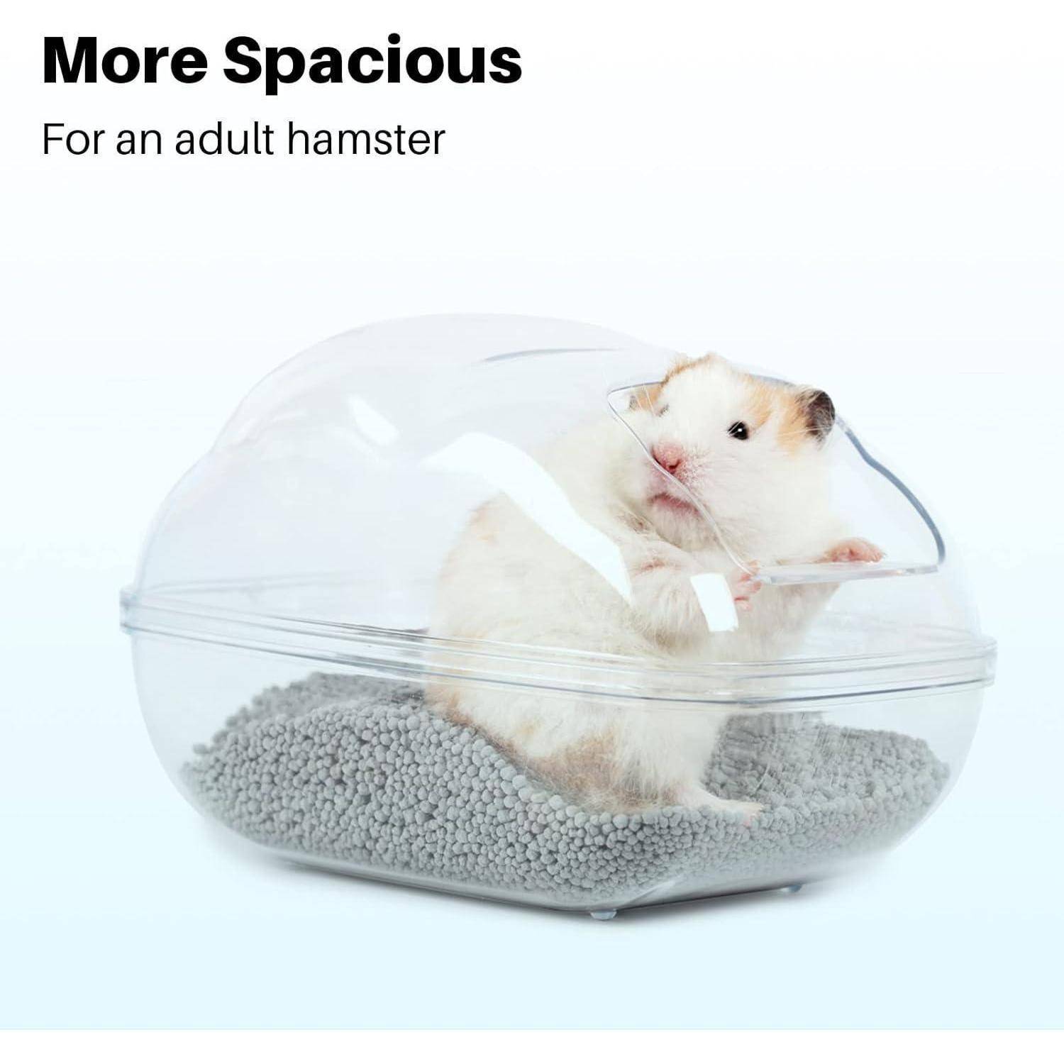 Ein ausgewachsener Hamster in einem klaren, geräumigen Gehege mit dem Etikett 