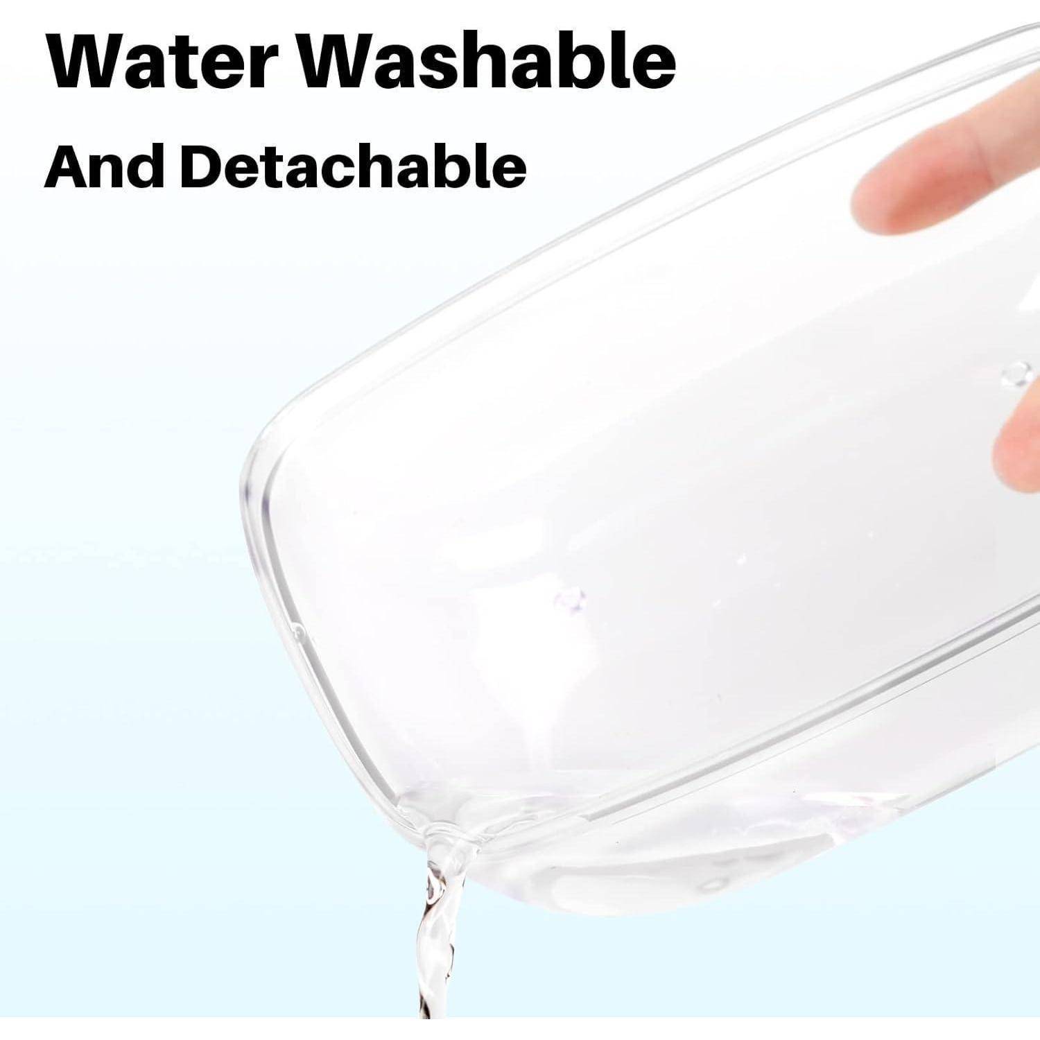 Transparenter Behälter wird gespült, mit dem Text ‚Wasserwaschhbar und abnehmbar', der die einfache Reinigung verdeutlicht.