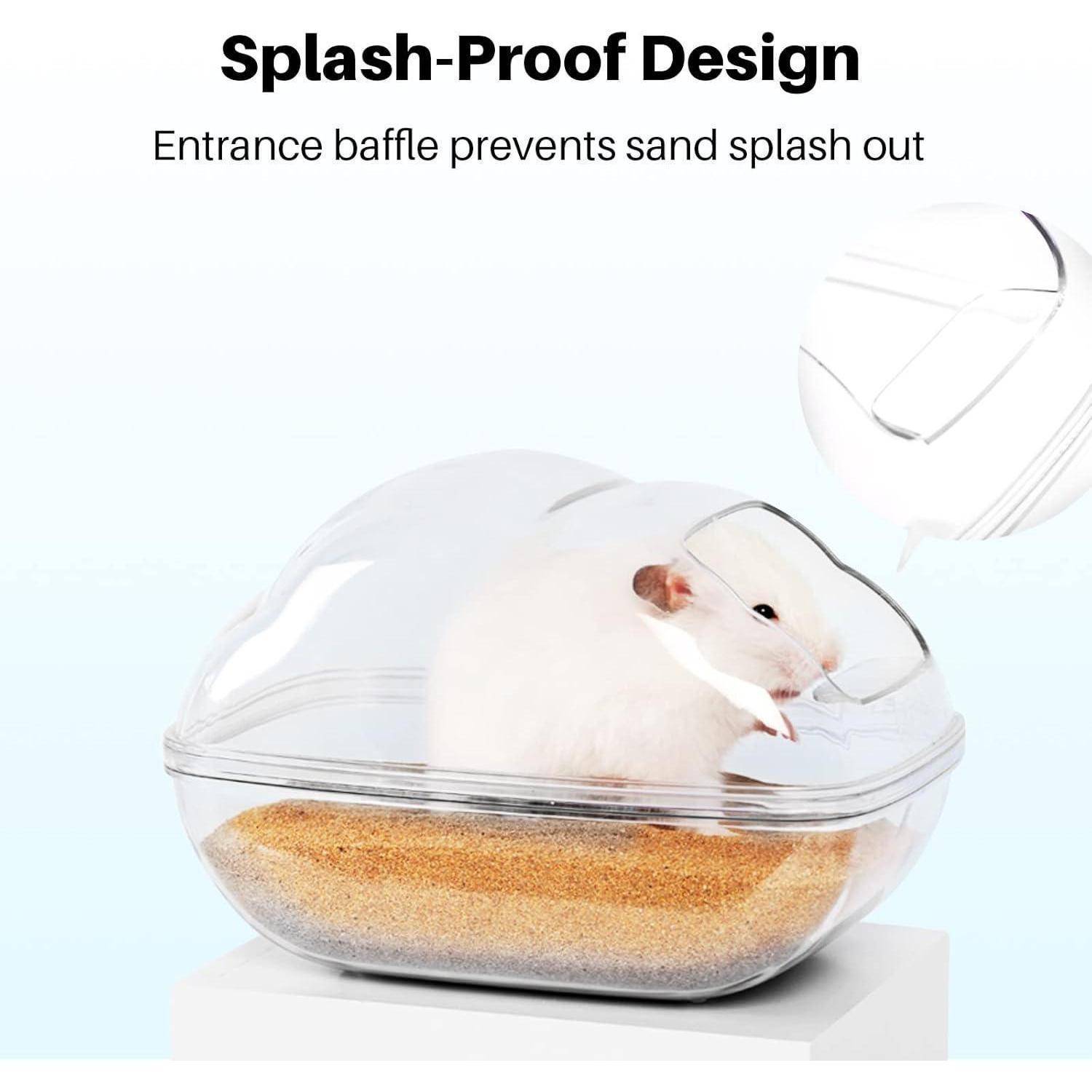 Ein kleines Tier sitzt in einer transparenten Kuppel mit Sand im Inneren. Text lautet: „Spritzwassergeschütztes Design: Der Einlasswirbel verhindert das Herausspritzen von Sand.