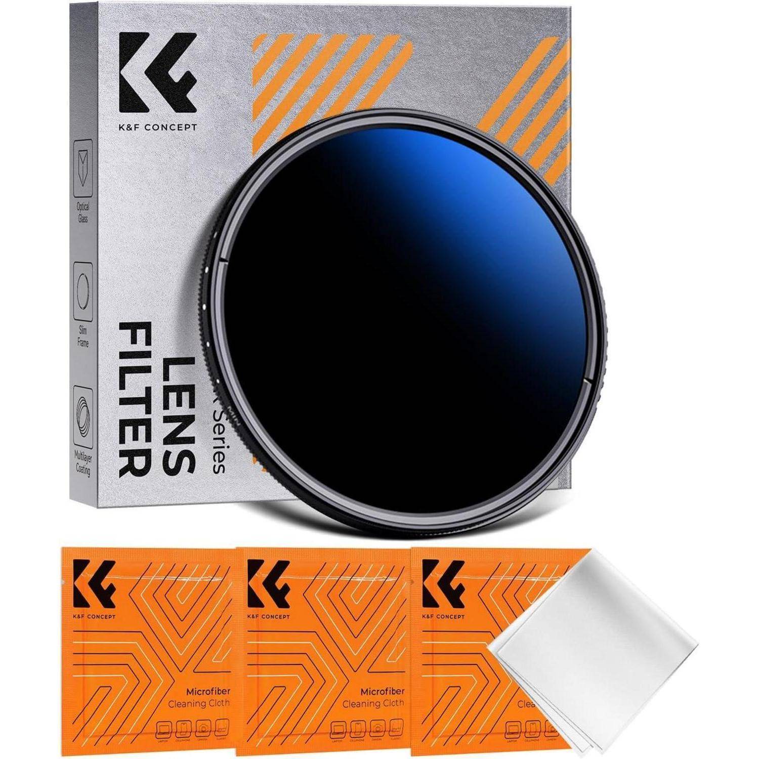 K&F Concept ND-Filter mit Verpackung, drei orangefarbenen Reinigungstüchern und einem weißen Tuch, entwickelt für Kameraobjektive zur Steuerung der Lichtbelichtung.