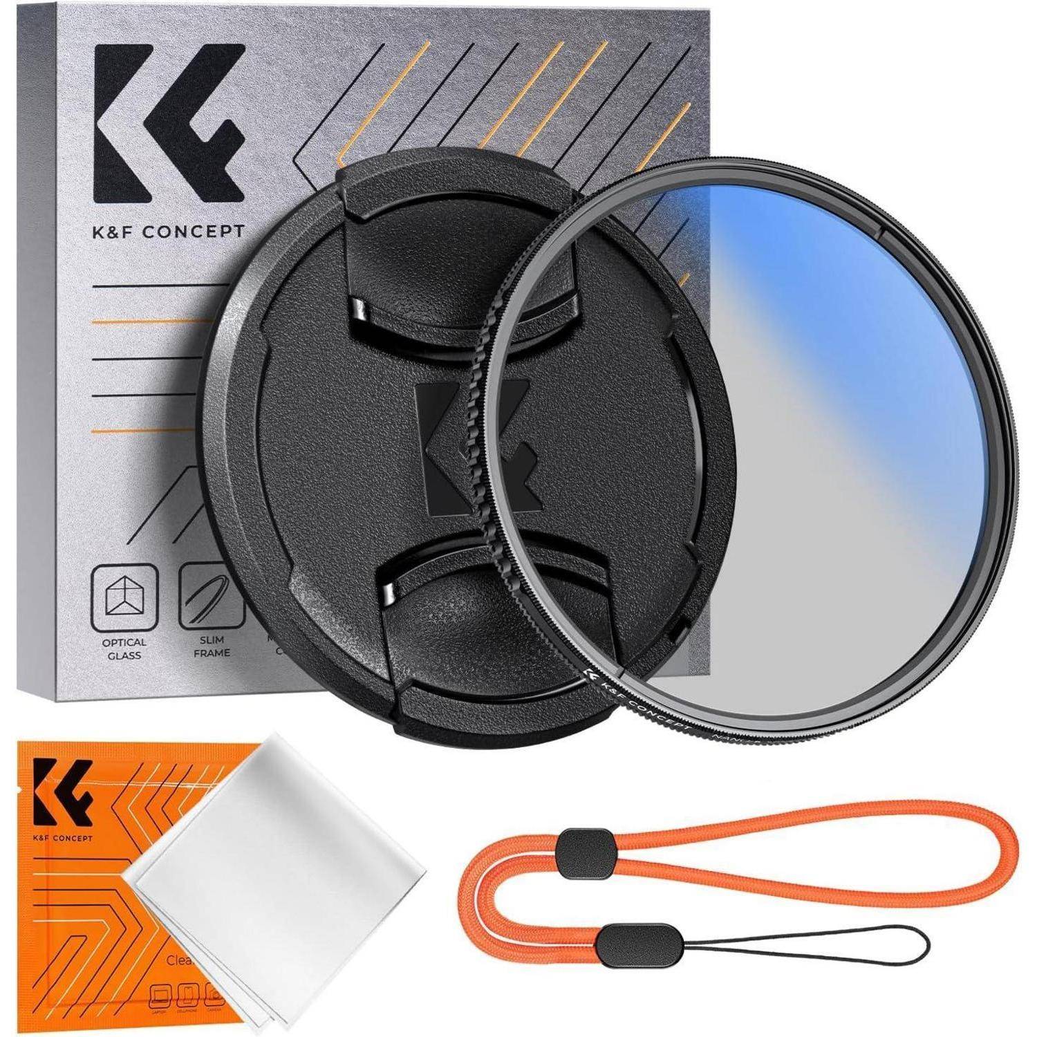 Kamera-Objektivfilter-Set mit Box, Reinigungstuch, Objektivdeckel, Filter und orangefarbener Tragegurt.