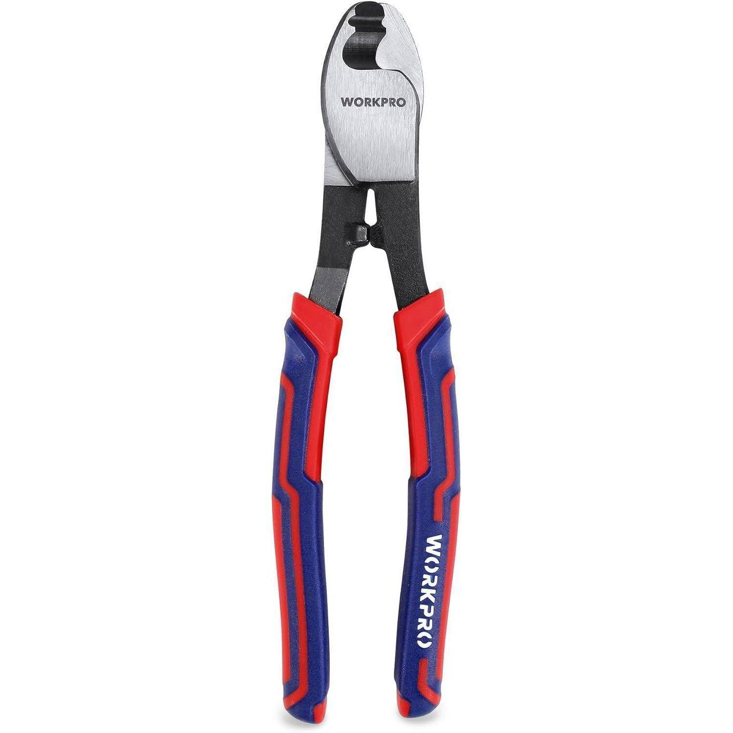 Drahtschneider mit silbernem Kopf und blau-roten Griffen, beschriftet mit 'WORKPRO'.