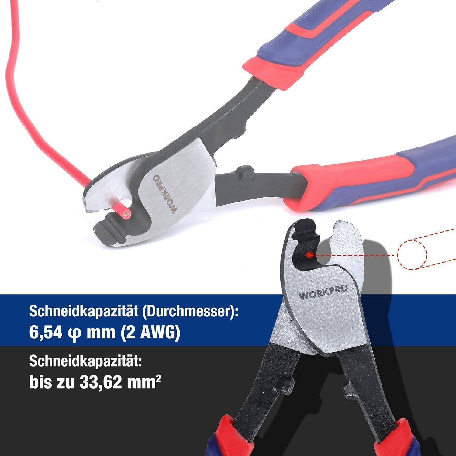 Kabelschneider mit blauen und roten Griffen, auf deren Klingen die Markenbezeichnung 'WORKPRO' zu sehen ist; Schnittkapazitätsdetails sind enthalten.