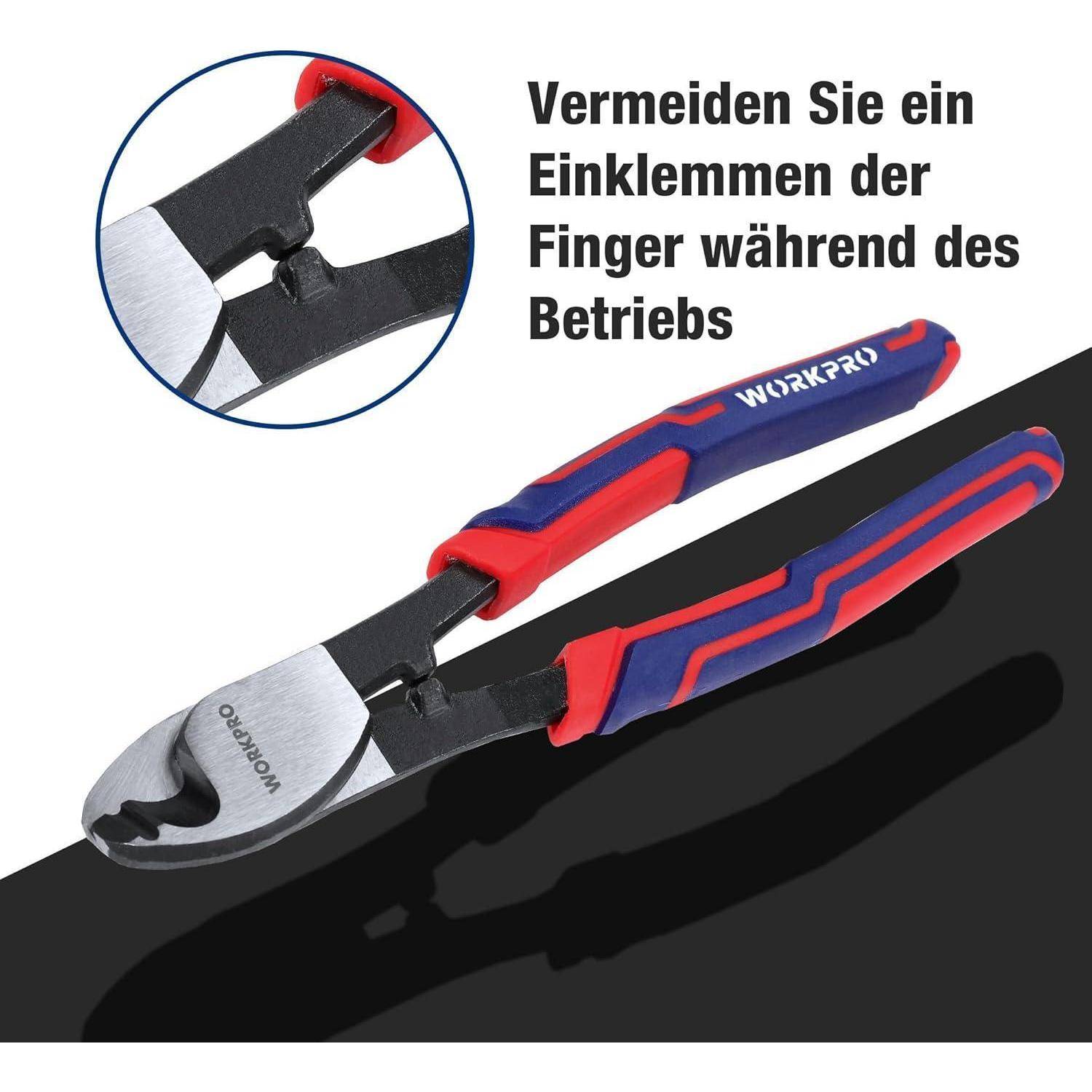 Abbildung eines WORKPRO Drahtschneiders mit roten und blauen Griffen. Deutscher Text warnt davor, sich beim Arbeiten die Finger zu einklemmen.