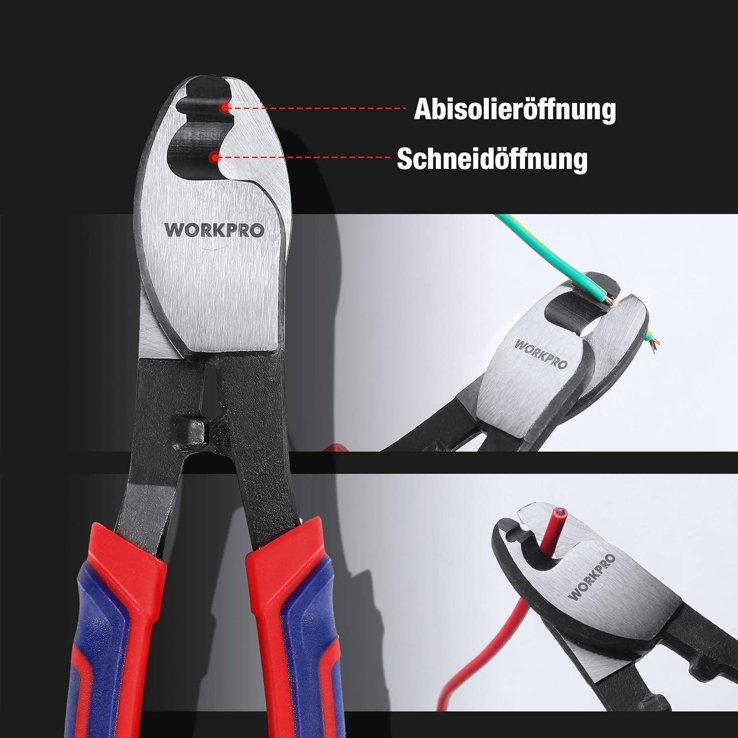 Eine Nahaufnahme von WORKPRO-Abisolierzangen mit der Markierung 'Abisolieröffnung' zum Entfernen der Isolierung und 'Schneidöffnung' zum Durchtrennen.