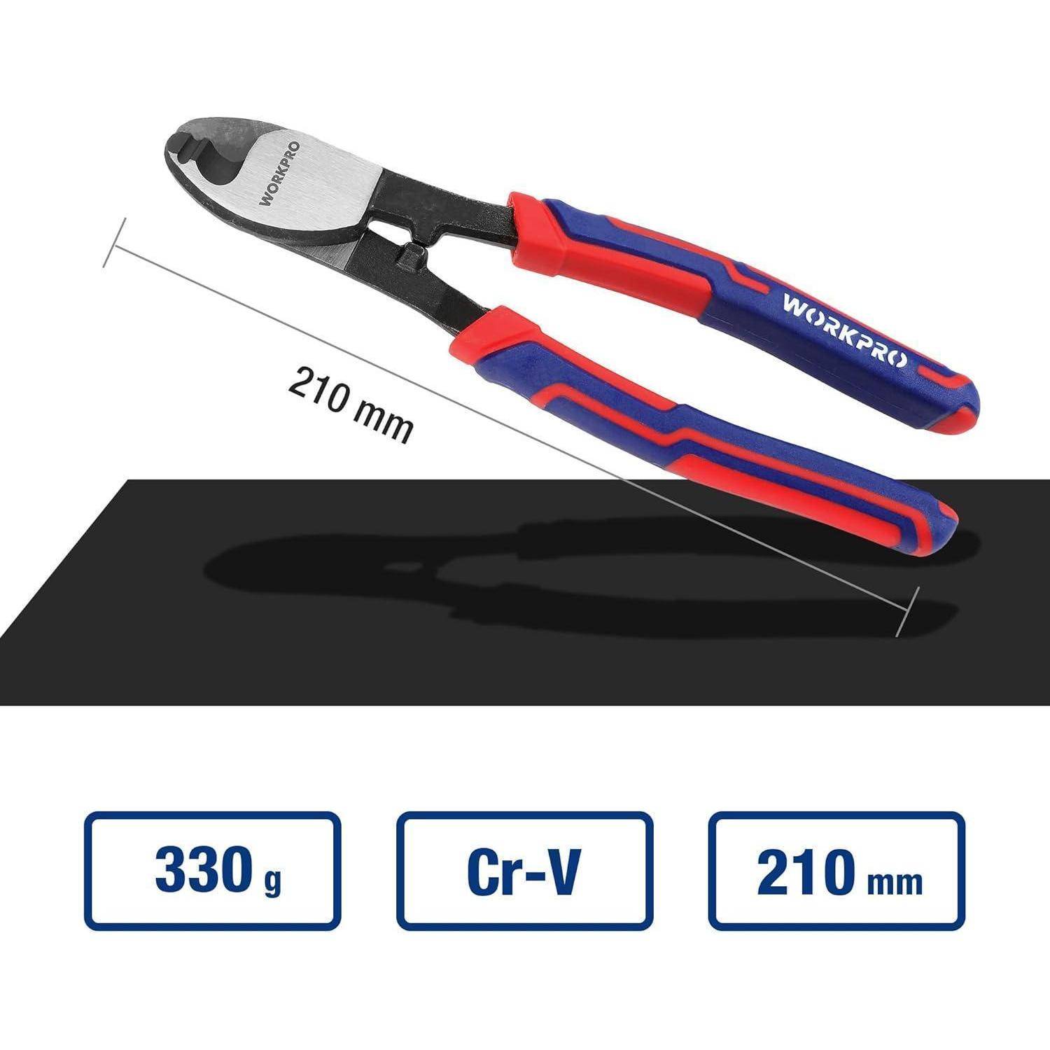 Diagonalzange 'WORKPRO' mit roten und blauen Griffen, gekennzeichnet mit 210 mm Länge, Gewicht 330g, hergestellt aus Cr-V-Stahl.