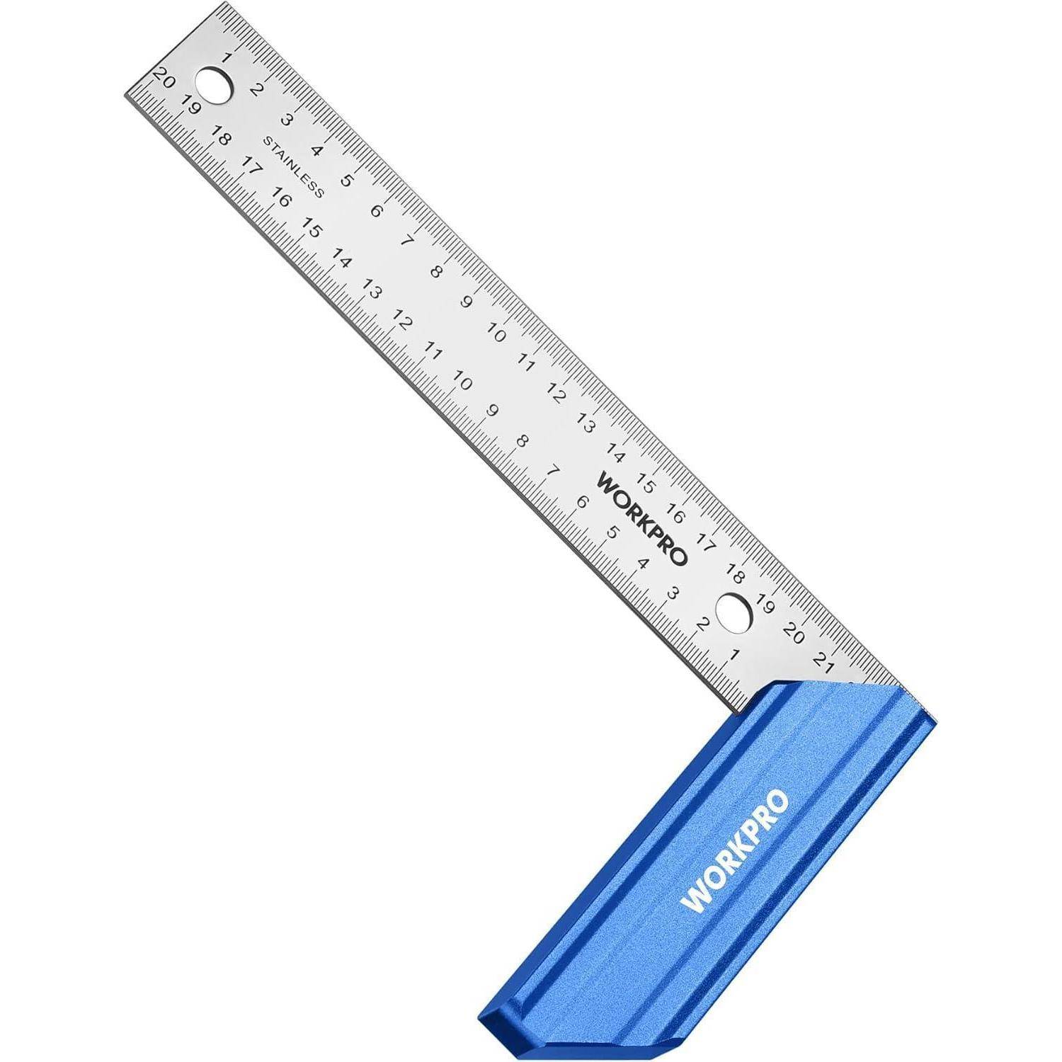 Ein blauer und silberner Metallwinkel mit einem Lineal, das von 1 bis 7 Zoll markiert ist, mit der Aufschrift 'WORKPRO'.