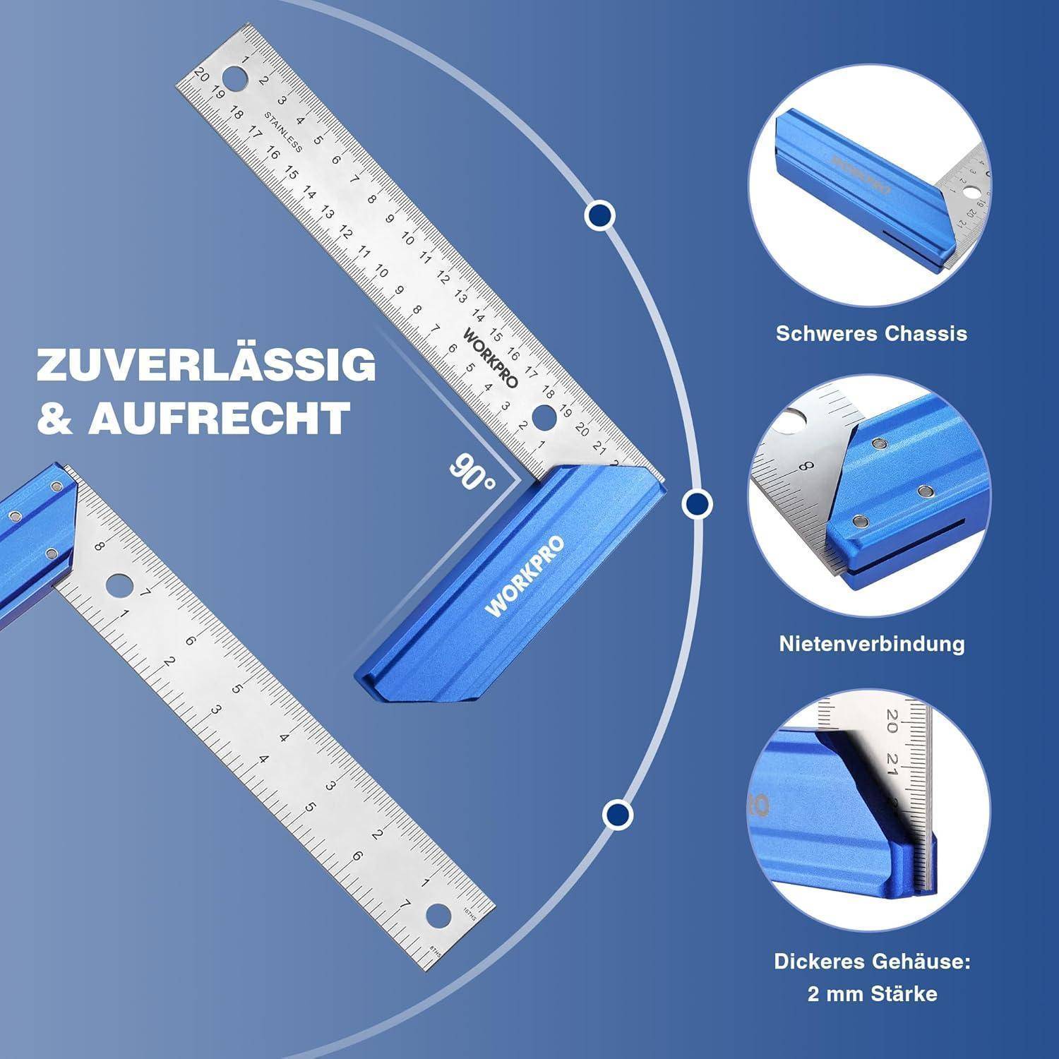 Quadratisches Werkzeug mit 'ZUVERLÄSSIG & AUFRECHT' Text; zeigt blaues Chassis, Nietnagel-Verbindung und Details eines dickeren Gehäuses; Winkel im 90°-Bereich.