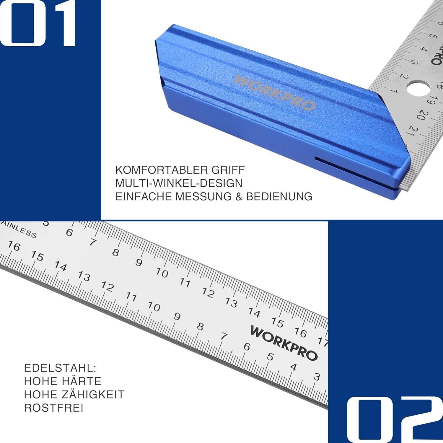 Ein blauer Multi-Winkel-Linealgriff mit der Markierung 'WORKPRO' auf einem Metalllineal, das Zentimeter und Zoll anzeigt. Text auf Deutsch hebt Merkmale hervor.
