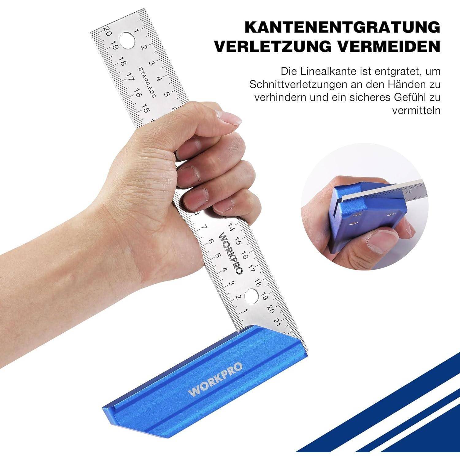 Eine Hand hält ein WORKPRO-Aluminium-Lineal mit einer glatten Kante, um Schnitte zu verhindern und dabei Sicherheits- und Komfortmerkmale beim Umgang zu demonstrieren.