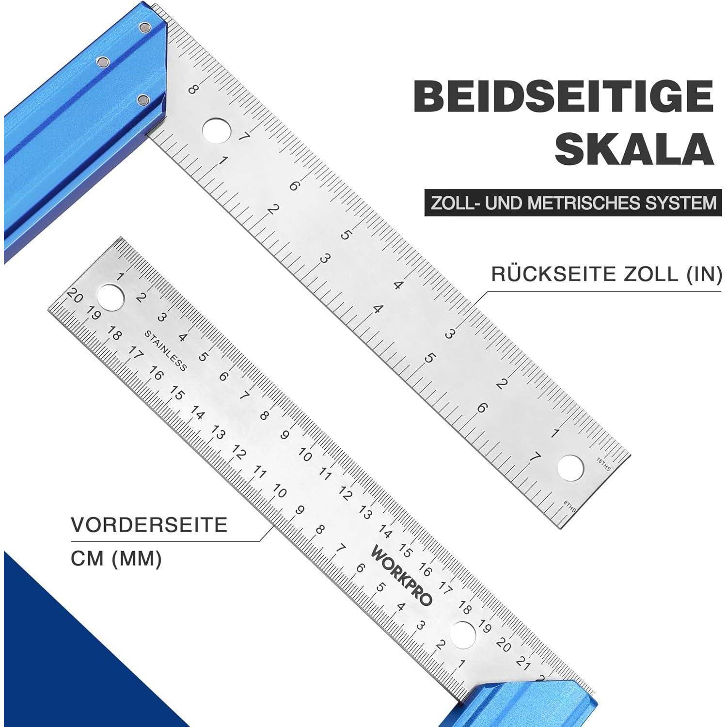 Die 'Beidseitige Skala' zeigt ein zweiseitiges Lineal mit Zoll- und Zentimetermessung. Eine Seite ist mit 'Zoll' beschriftet, die andere mit 'Vorderseite CM (MM)'.