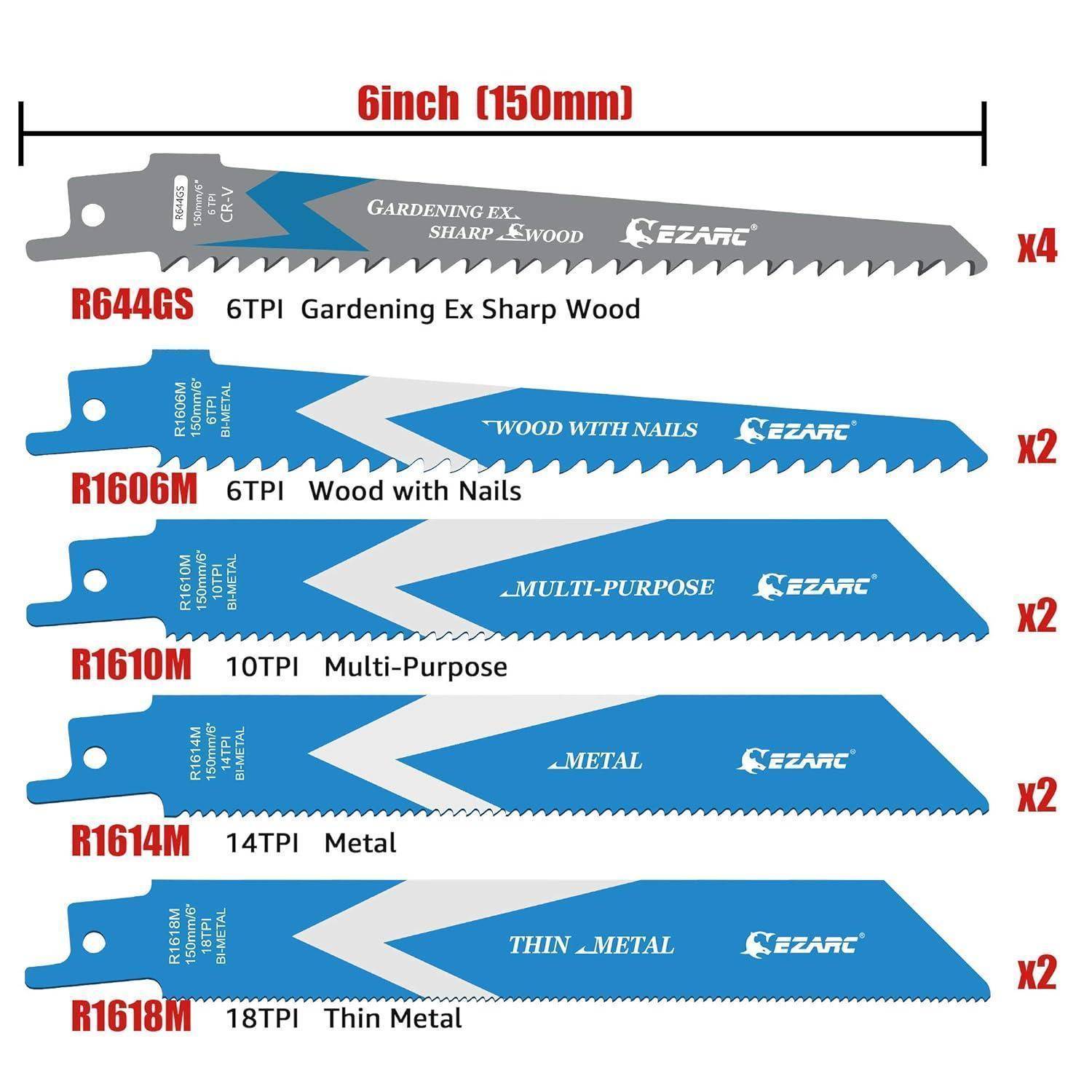 Das Bild zeigt sechs Säbelsägeblätter von EZARC mit unterschiedlichen Zähnen pro Zoll (TPI) für verschiedene Materialien wie Holz, Metall und Nägel. Die Größen und Einsatzzwecke variieren.