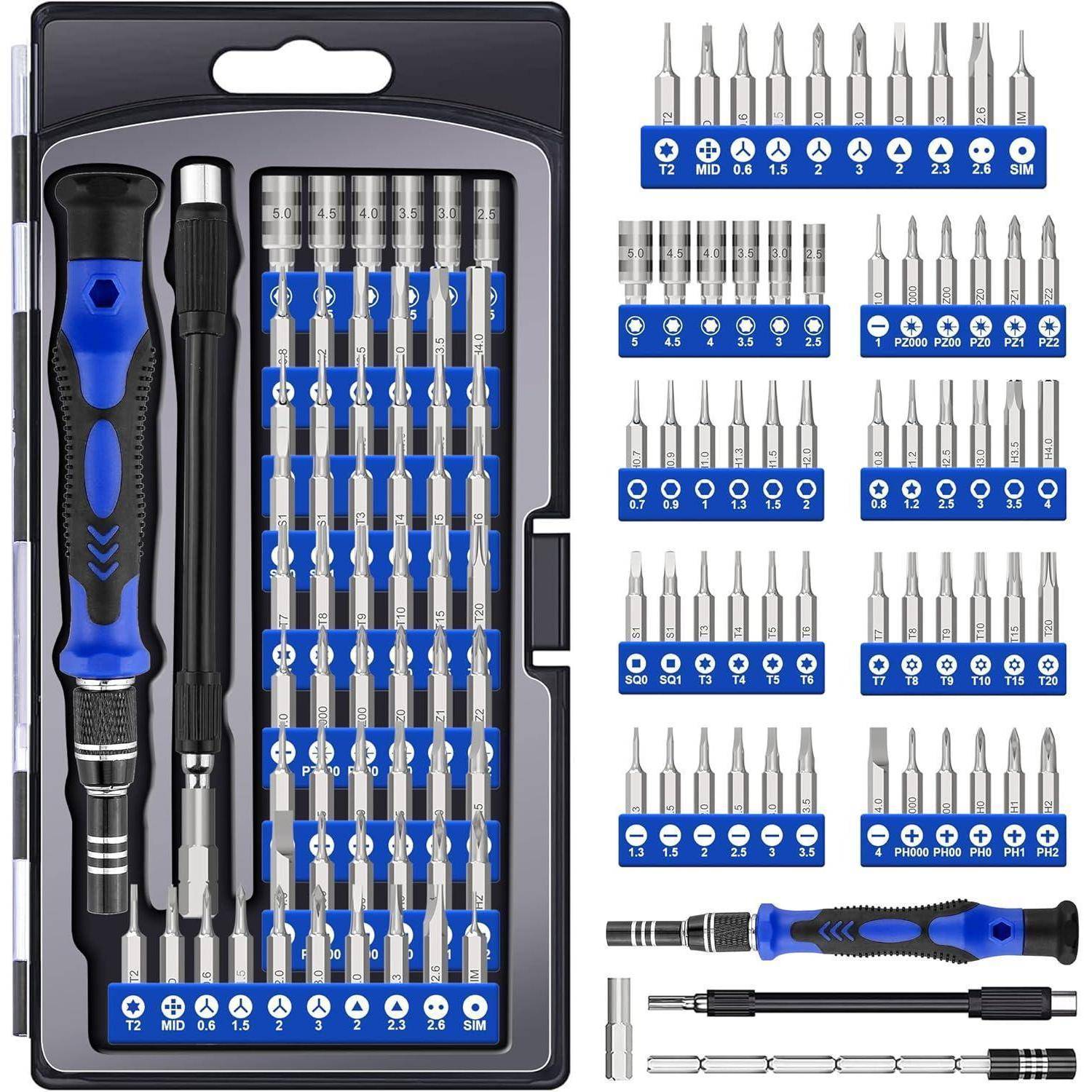 Ein Präzisions-Schraubendreher-Set mit mehreren austauschbaren Bits in verschiedenen Größen, ordentlich in einem blau-schwarzen Etui angeordnet.