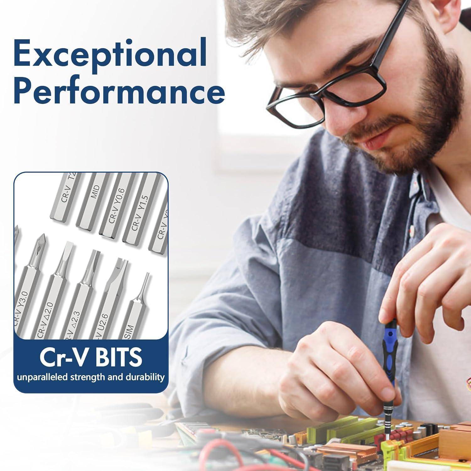 Ein Mann montiert Elektronik und demonstriert dabei eine ‚Ausgezeichnete Leistung' mit Cr-V-Bits. Die Detailansicht zeigt verschiedene Schrauberbittypen mit präzisen Beschriftungen.