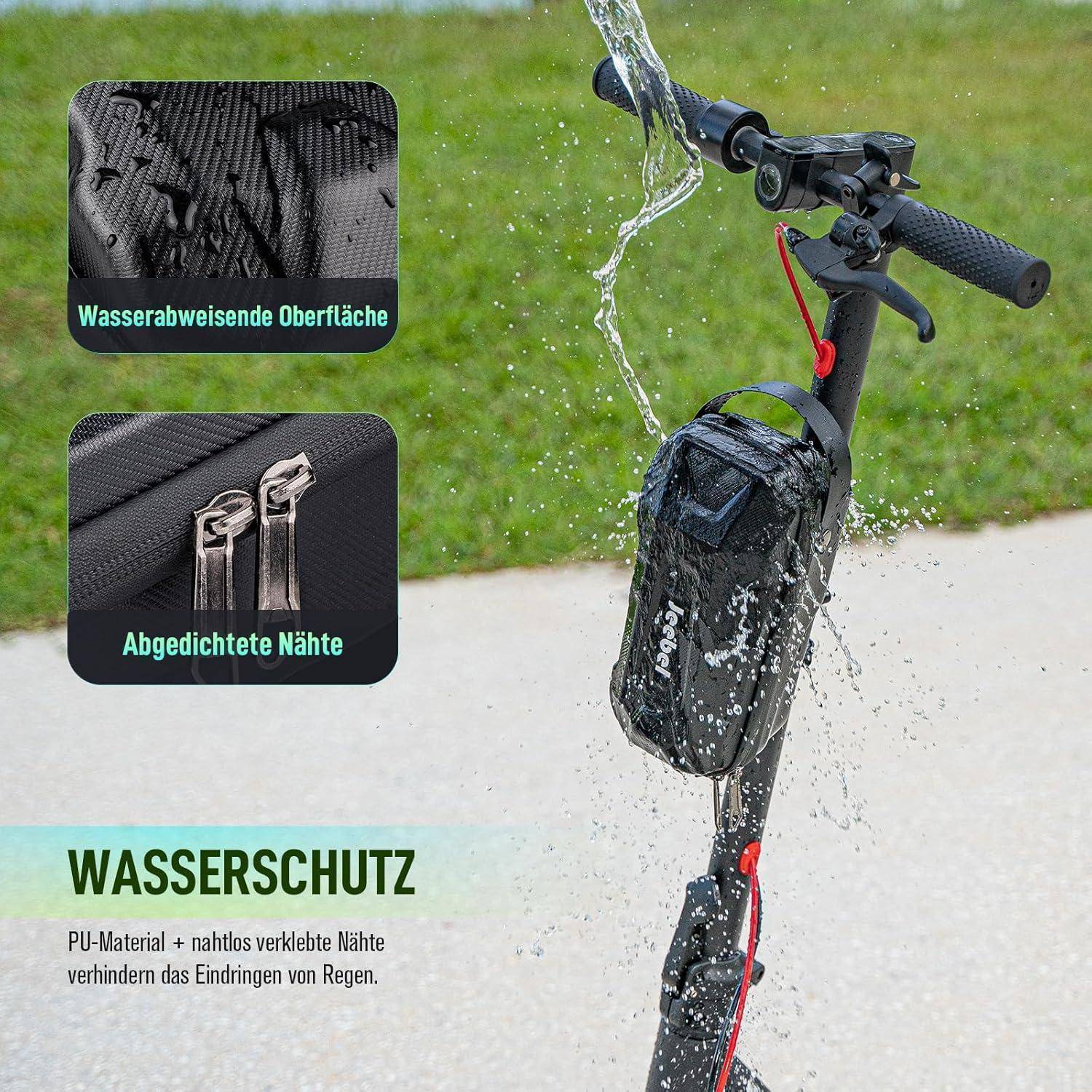Ein Fahrradlenker mit angebrachter wasserdichter Tasche wird mit Wasser besprüht. Der Text hebt den wasserabweisenden Stoff und die versiegelten Nähte hervor.