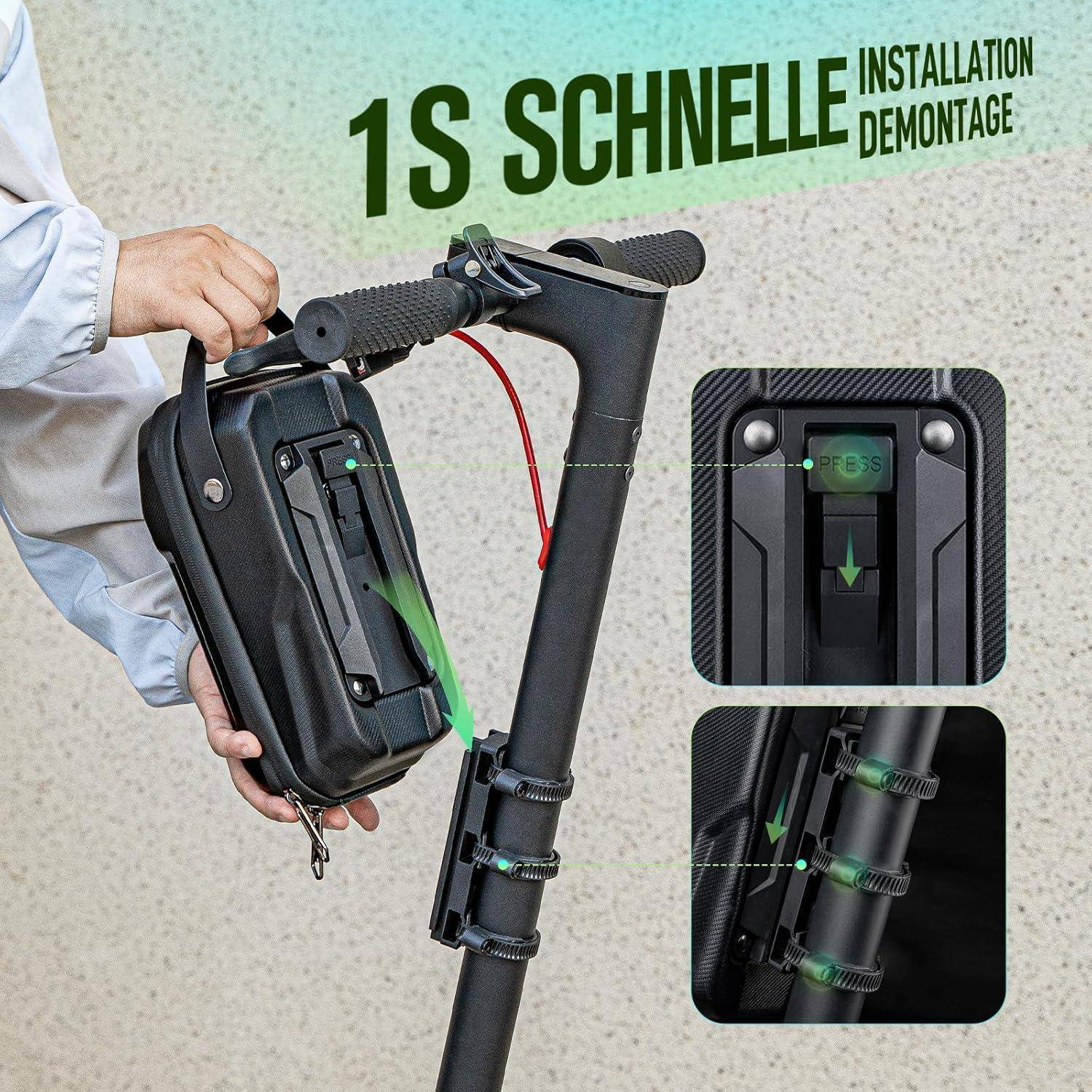 Eine Person installiert einen schwarzen Akkupack auf einem E-Scooter. Text lautet: '1S schnelle Installation Demontage.' Nahaufnahme zeigt Akkuschloss.