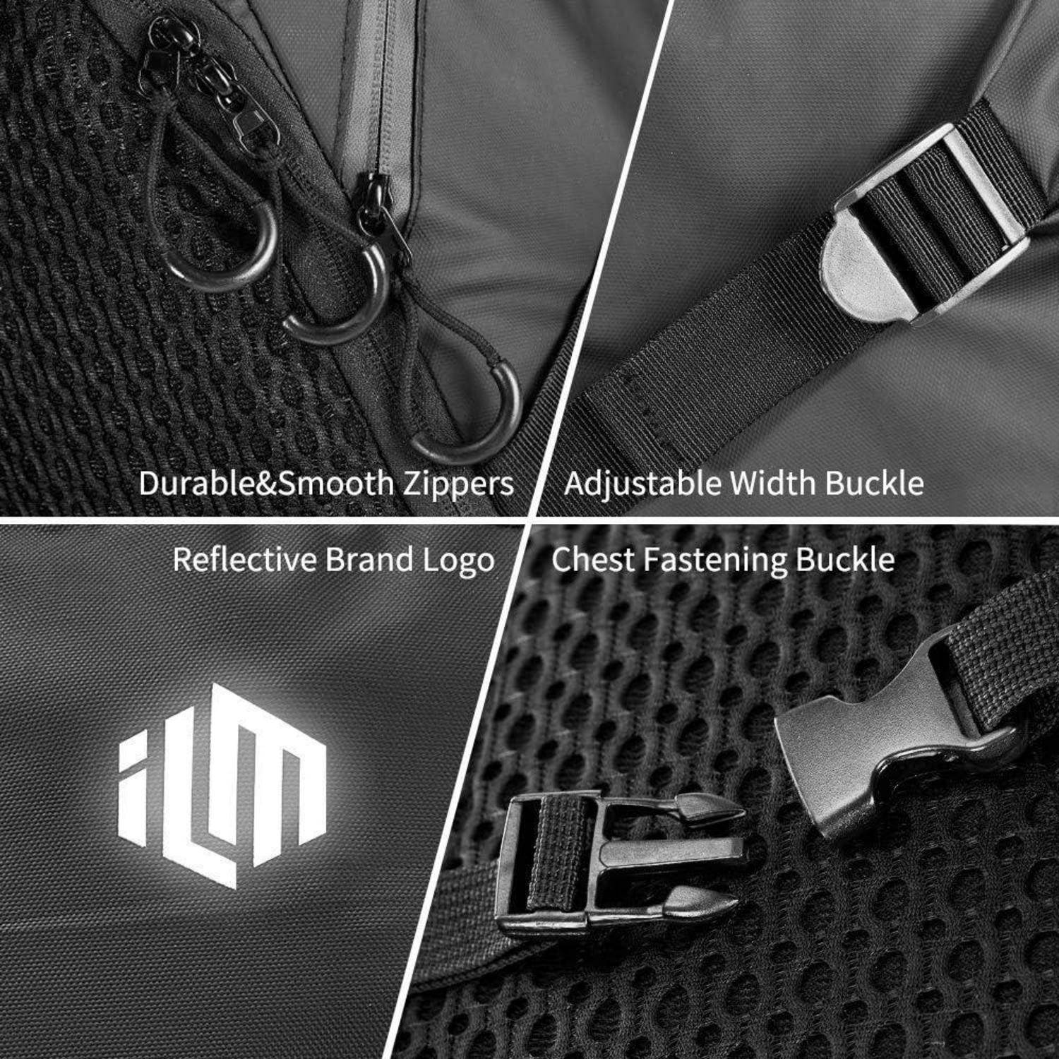 Das Bild präsentiert Merkmale einer Tasche: ‚Robuste & Glatte Reißverschlüsse', ‚Verstellbare Breite mit Schnalle', ‚Reflektierendes Markenlogo' und ‚Brustschließe'.