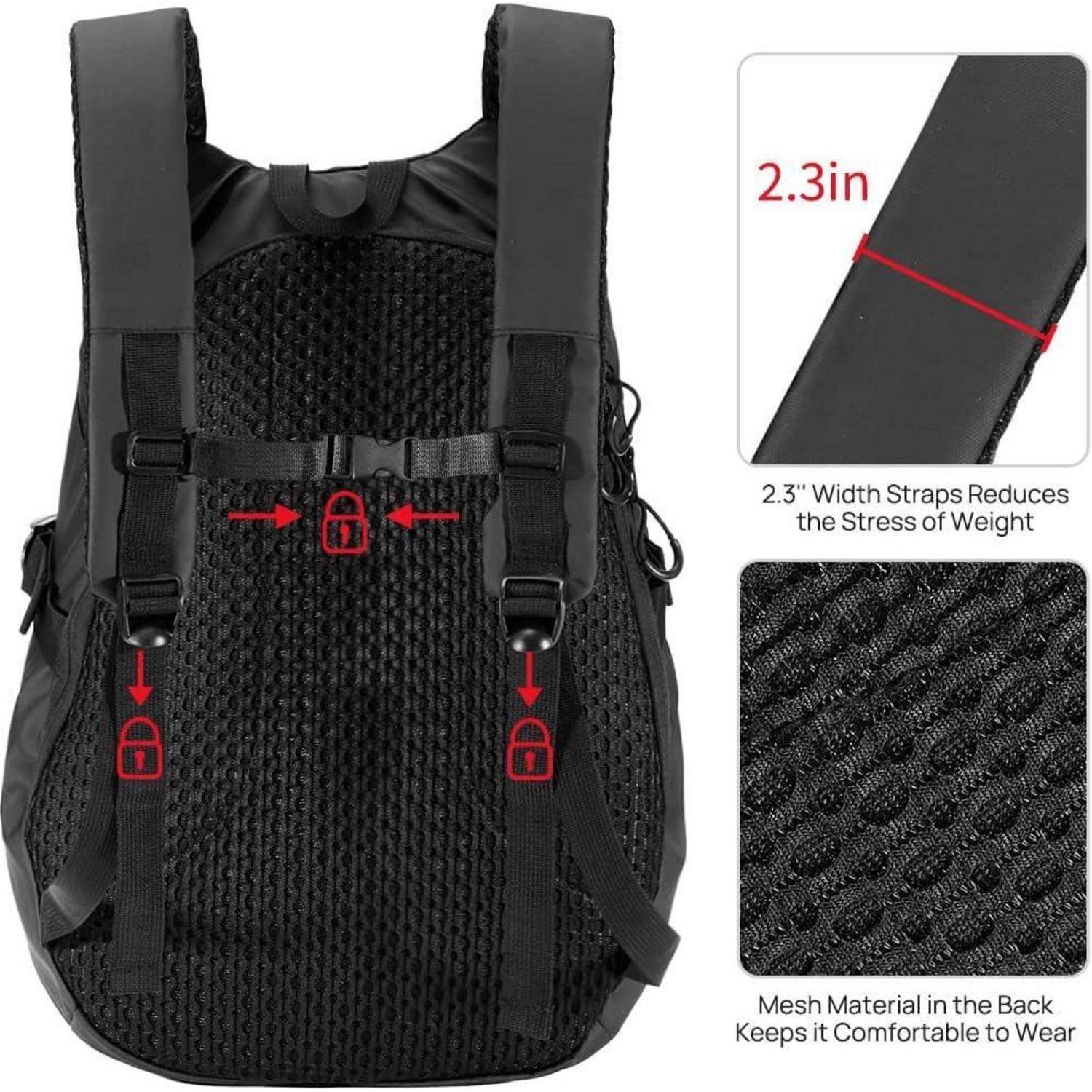 Ein schwarzer Rucksack mit breiten Trägern. Der Text hebt eine Riemenbreite von 2,3 Zoll zur Stressreduzierung und ein Meshgewebe für zusätzlichen Tragekomfort hervor.