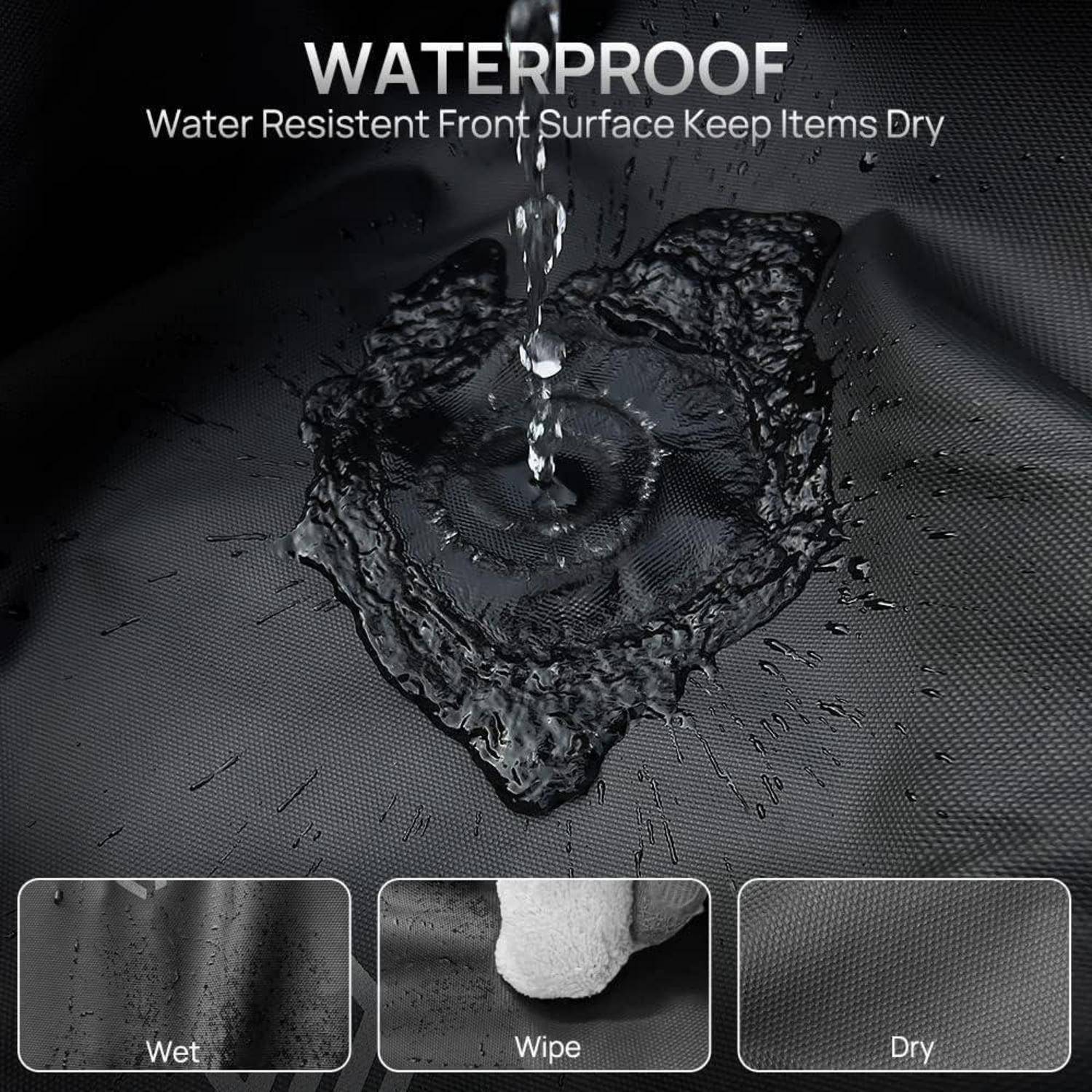 Wasserdichte, wasserabweisende Oberfläche hält Gegenstände trocken.' Bild zeigt Wassertropfen auf einer schwarzen Stoffoberfläche. Untere Symbole: Nass, Wischen, Trocken.