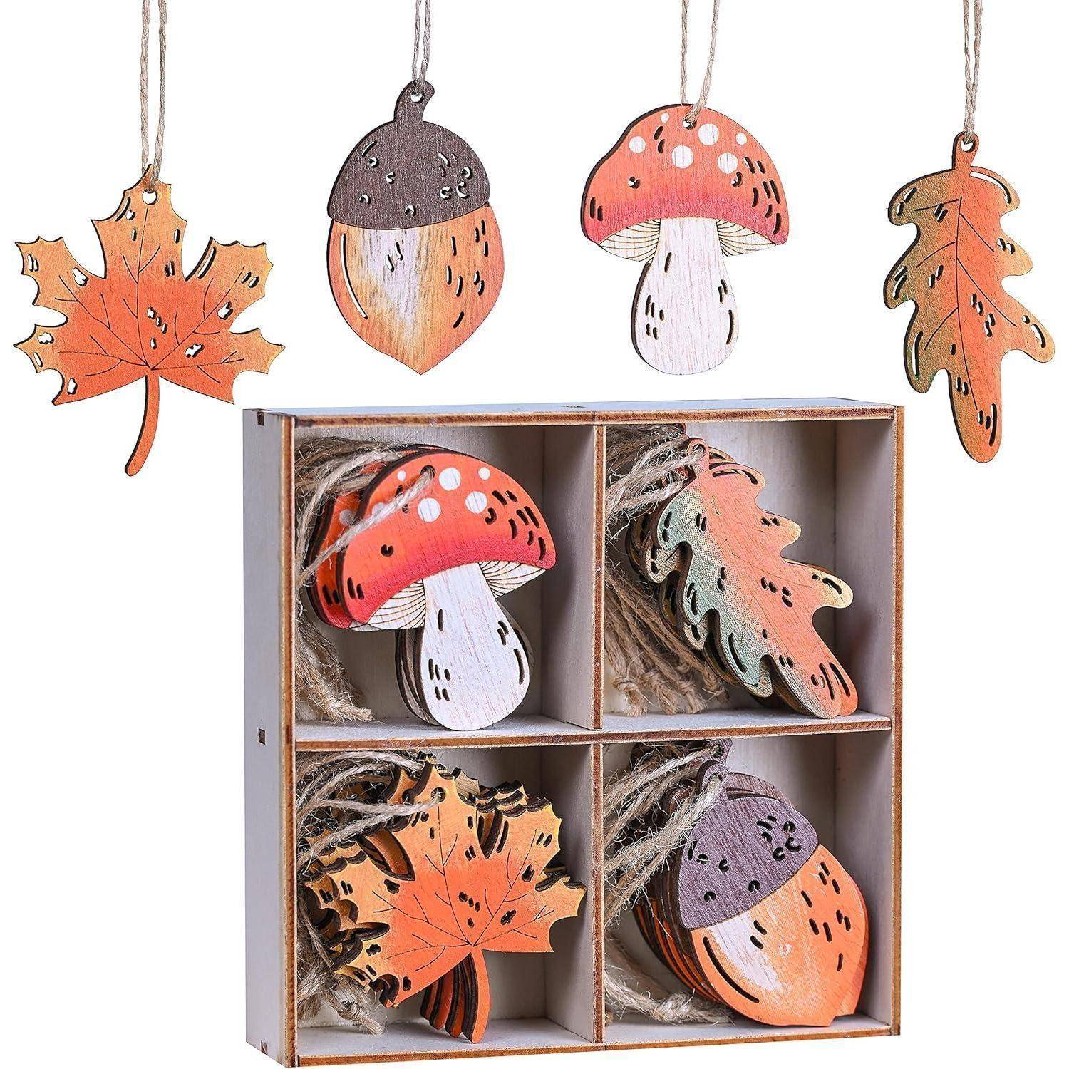 Holz Deko Hänger Herbst Pilz Ahornblatt Kiefernzapfen 24er Set