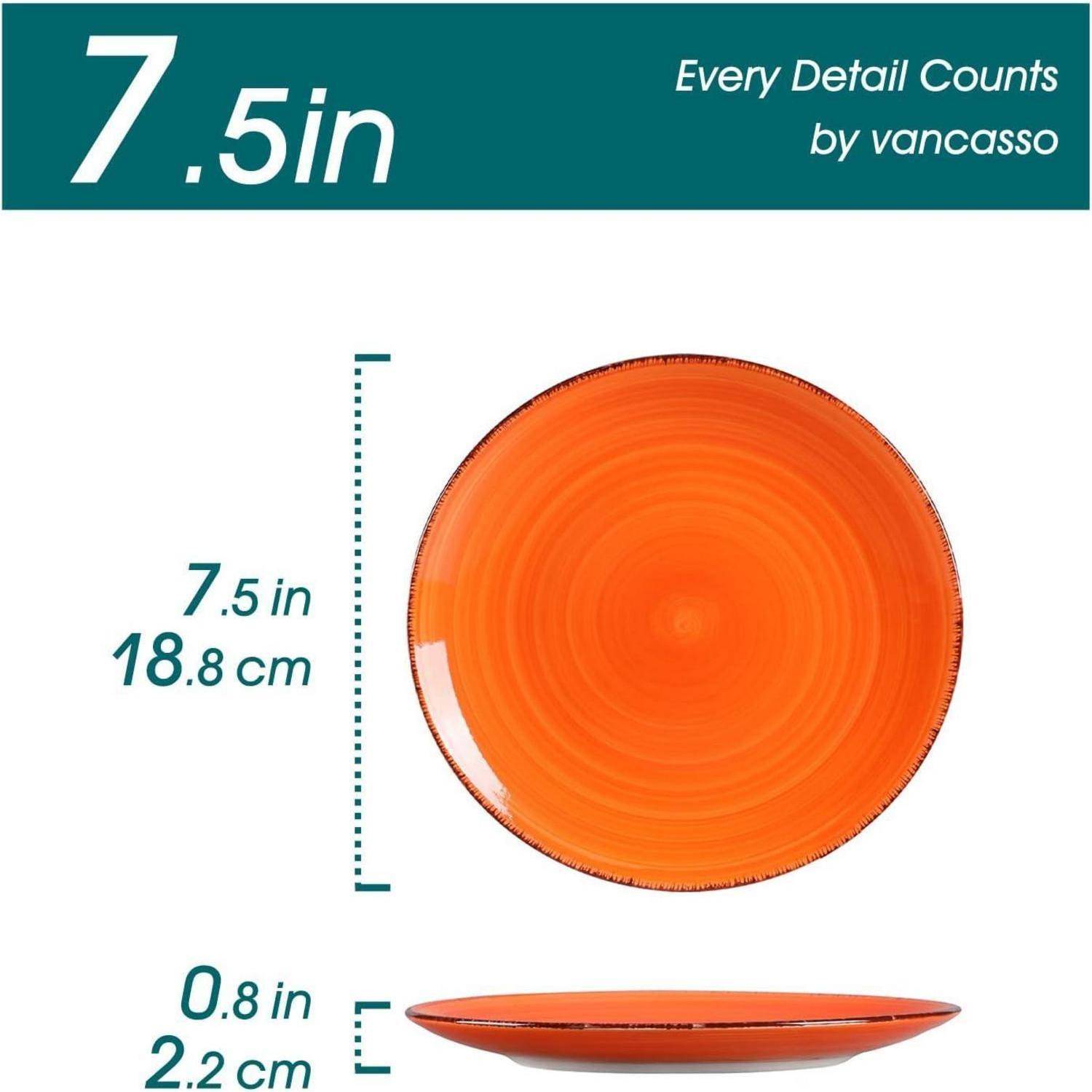 Orangefarbener Teller mit Abmessungen: 7,5 Zoll (18,8 cm) Durchmesser und 0,8 Zoll (2,2 cm) Höhe. Text lautet 'Jedes Detail zählt'.