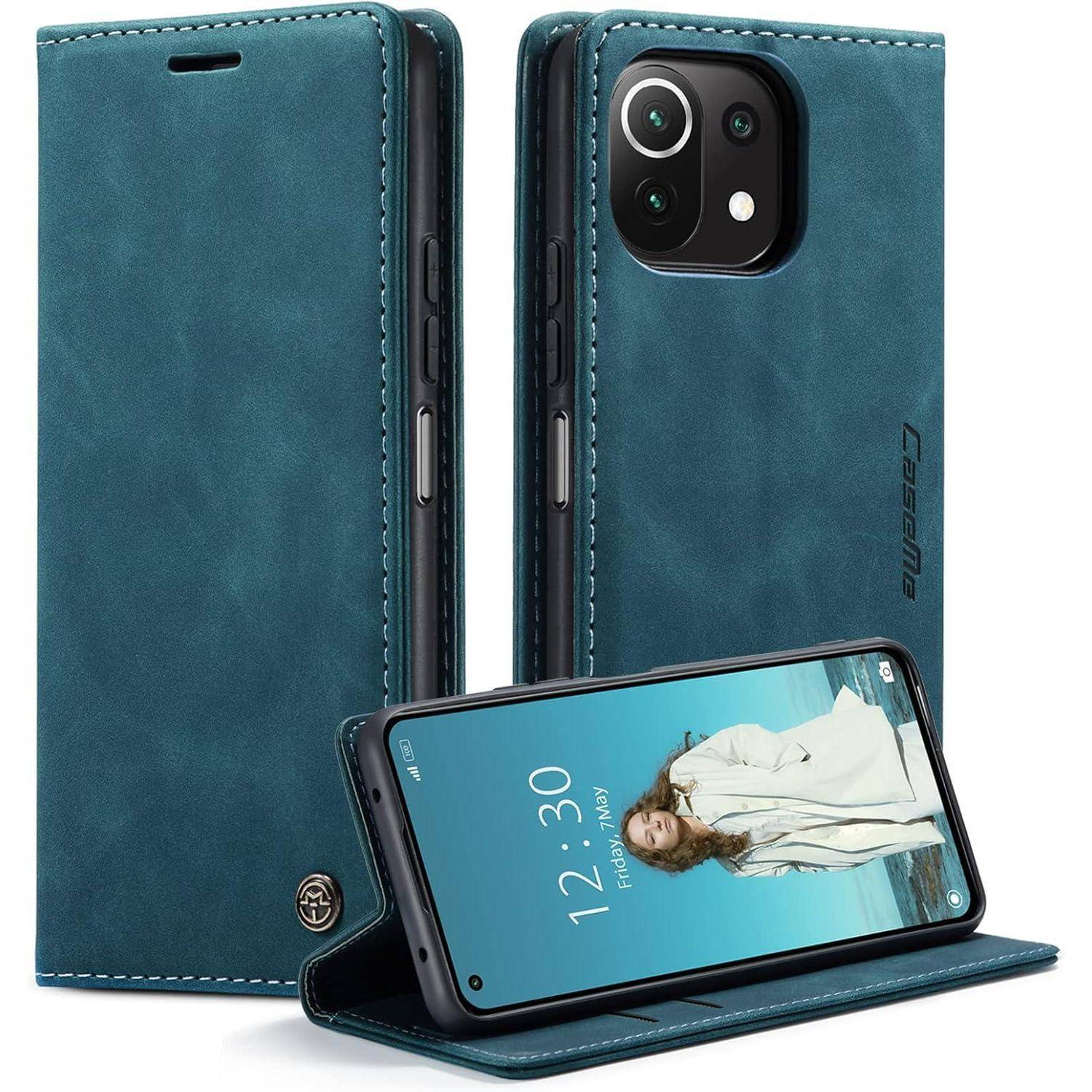 Petrol-blaue Lederhülle für Mobiltelefone im Wallet-Stil mit Standfunktion, die zwei verschiedene Phoneansichten zeigt: eine geschlossene und eine mit sichtbarem Bildschirm.