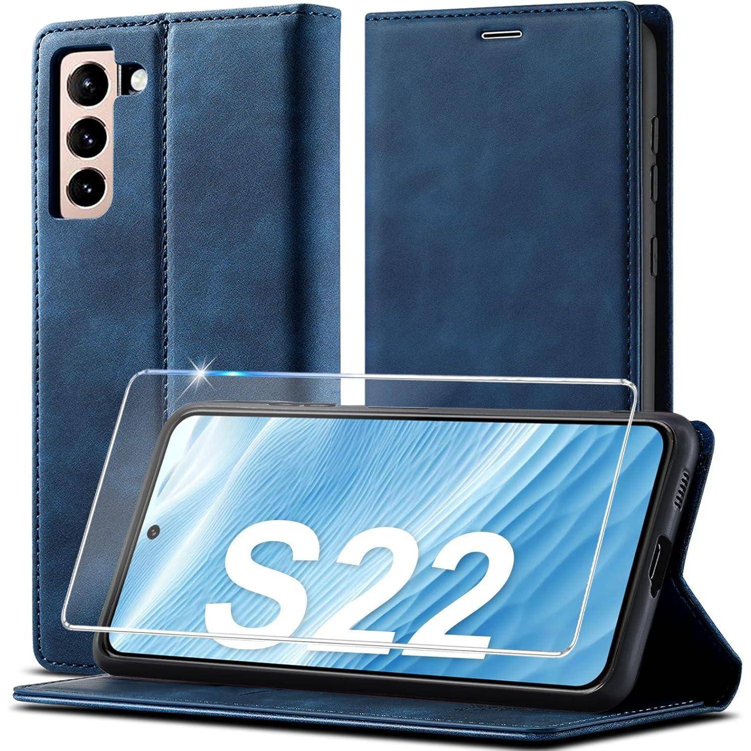 Blaue Ledertasche und Displayschutzfolie für das Samsung Galaxy S22, geöffnet und mit dem Handy in aufrechter Position präsentiert.