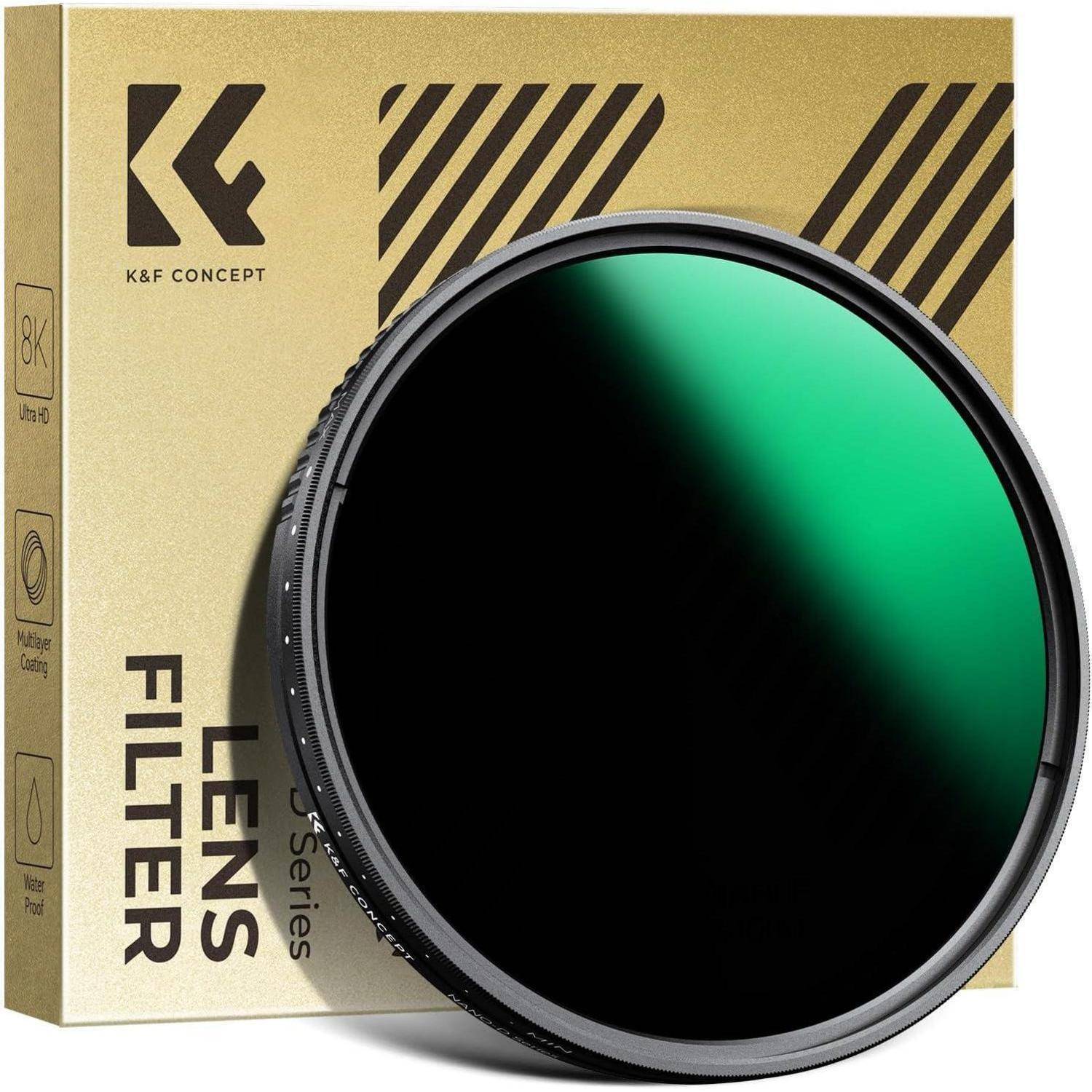 K&F Concept Objektivfilter in Schwarz mit grünem Ton, neben seiner goldenen Box gezeigt. Beschriftet mit Merkmalen wie 8K Ultra HD und Nano Series.