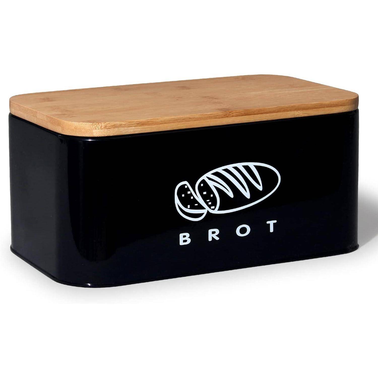 Brotkasten Bambus Deckel Schneidebrett Metall 30cm 18cm 14cm Schwarz