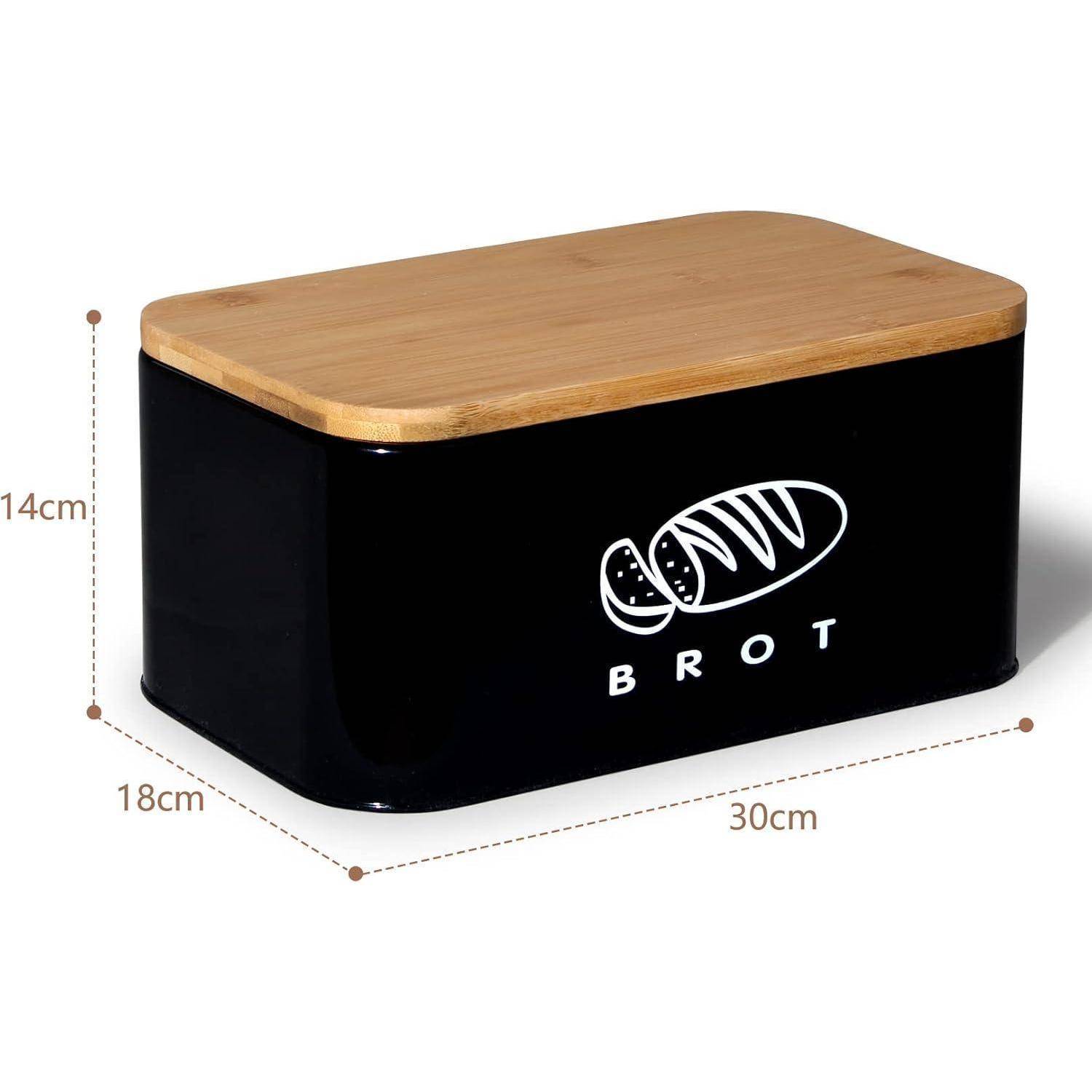 Brotkasten Bambus Deckel Schneidebrett Metall 30cm 18cm 14cm Schwarz