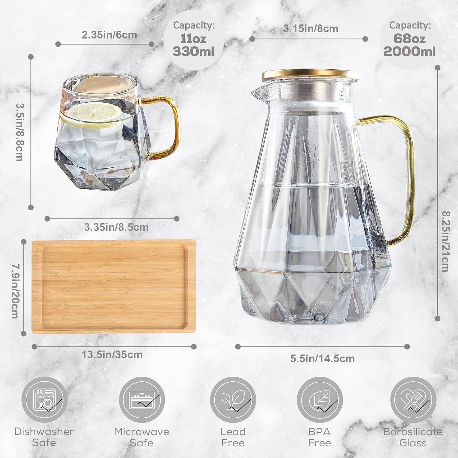Glaskaraffe mit Deckel 2 Liter 4 Tassen Tablett Schwarz Diamant Design
