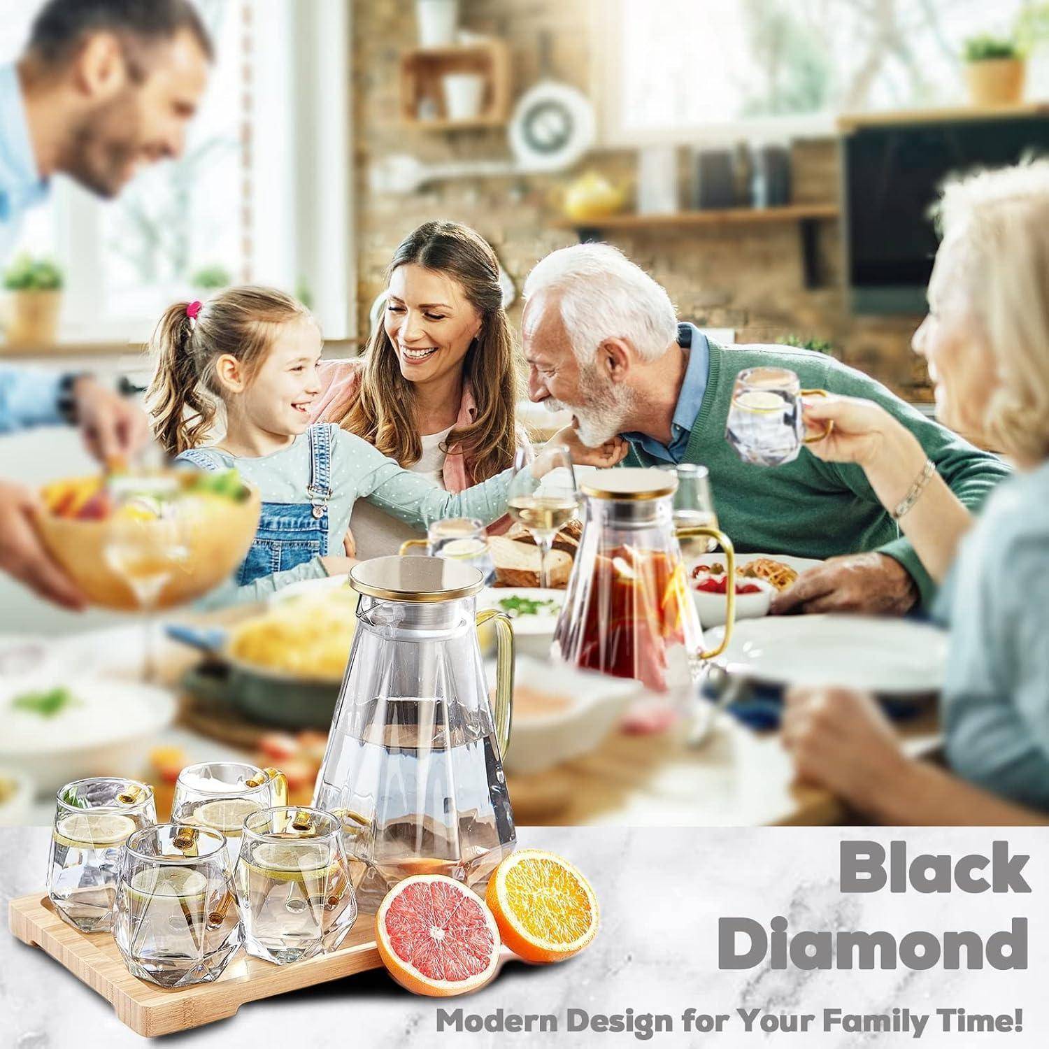 Glaskaraffe mit Deckel 2 Liter 4 Tassen Tablett Schwarz Diamant Design