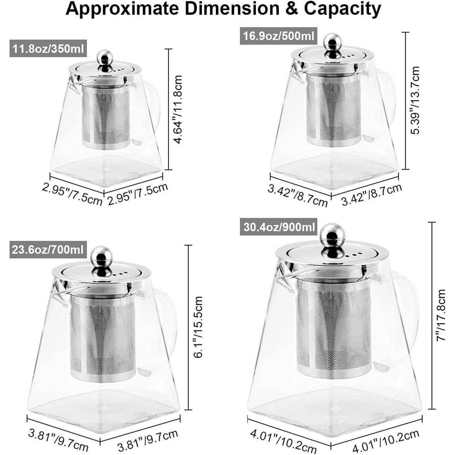 Bild zeigt vier transparente Glaskannen mit Edelstahl-Sieben und Deckeln, die unterschiedliche Größen aufweisen: 350 ml, 500 ml, 700 ml und 900 ml.