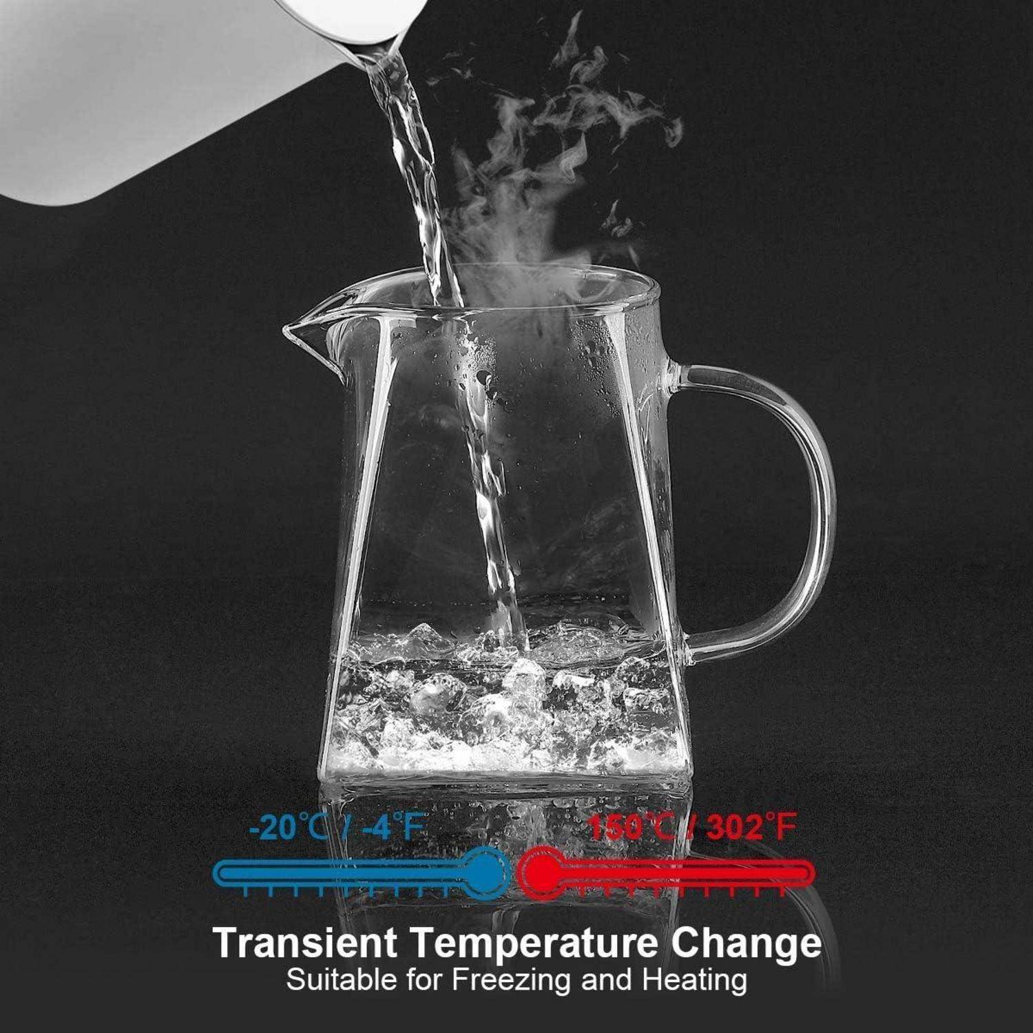 Ein Glaskrug, bei dem kochendes Wasser eingegossen wird und damit seine Fähigkeit demonstriert, Temperaturen von -20°C bis 150°C standzuhalten.