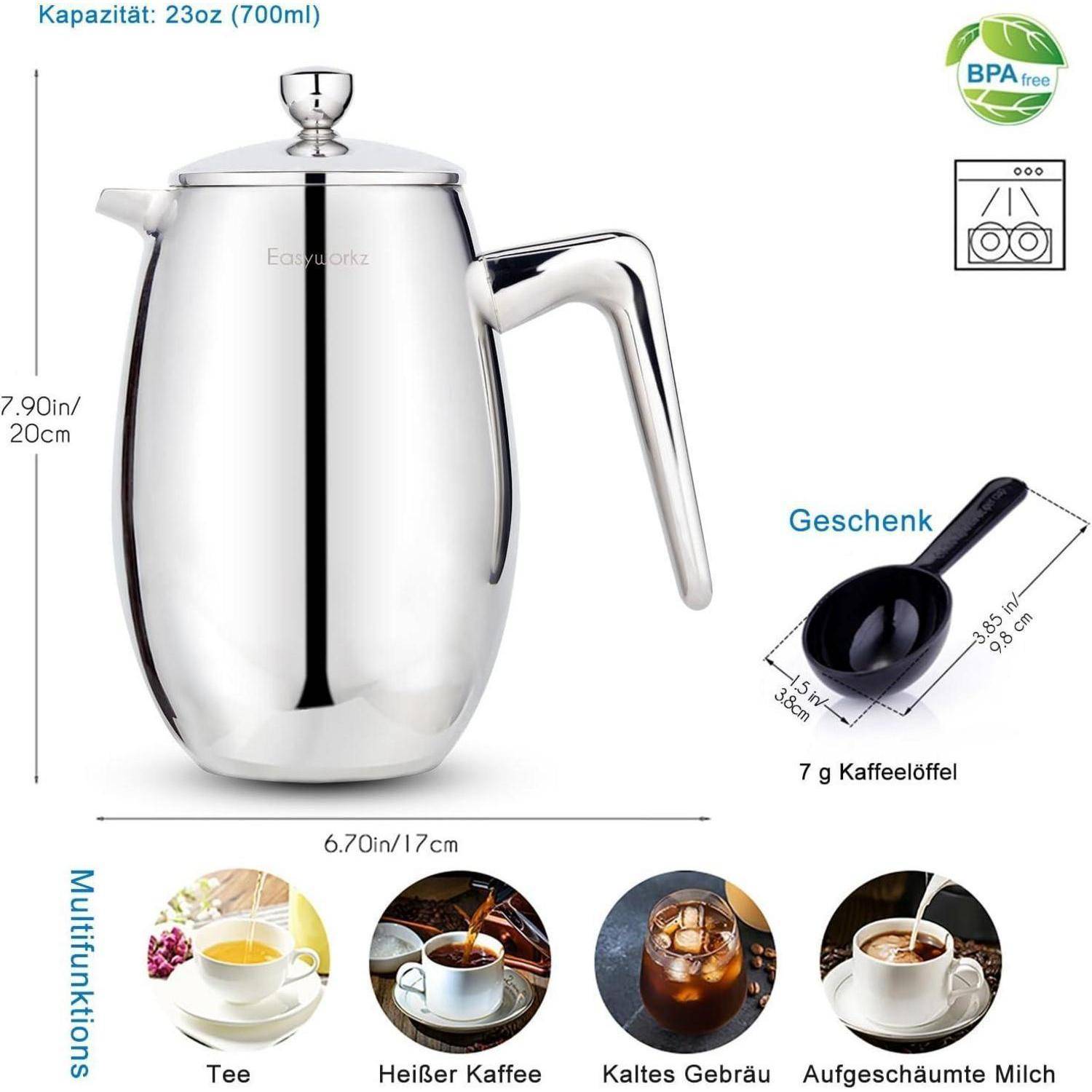 Nando French Press 700ml doppelwandig isoliert Thermo Edelstahl