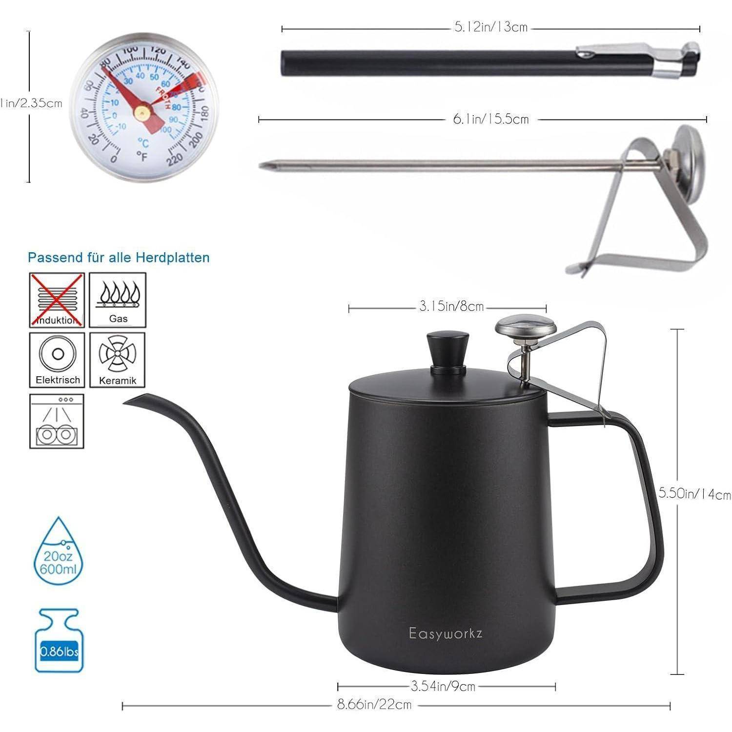 Gage Gooseneck Pour Over Kaffeekessel Edelstahl 304 600ml Thermometer