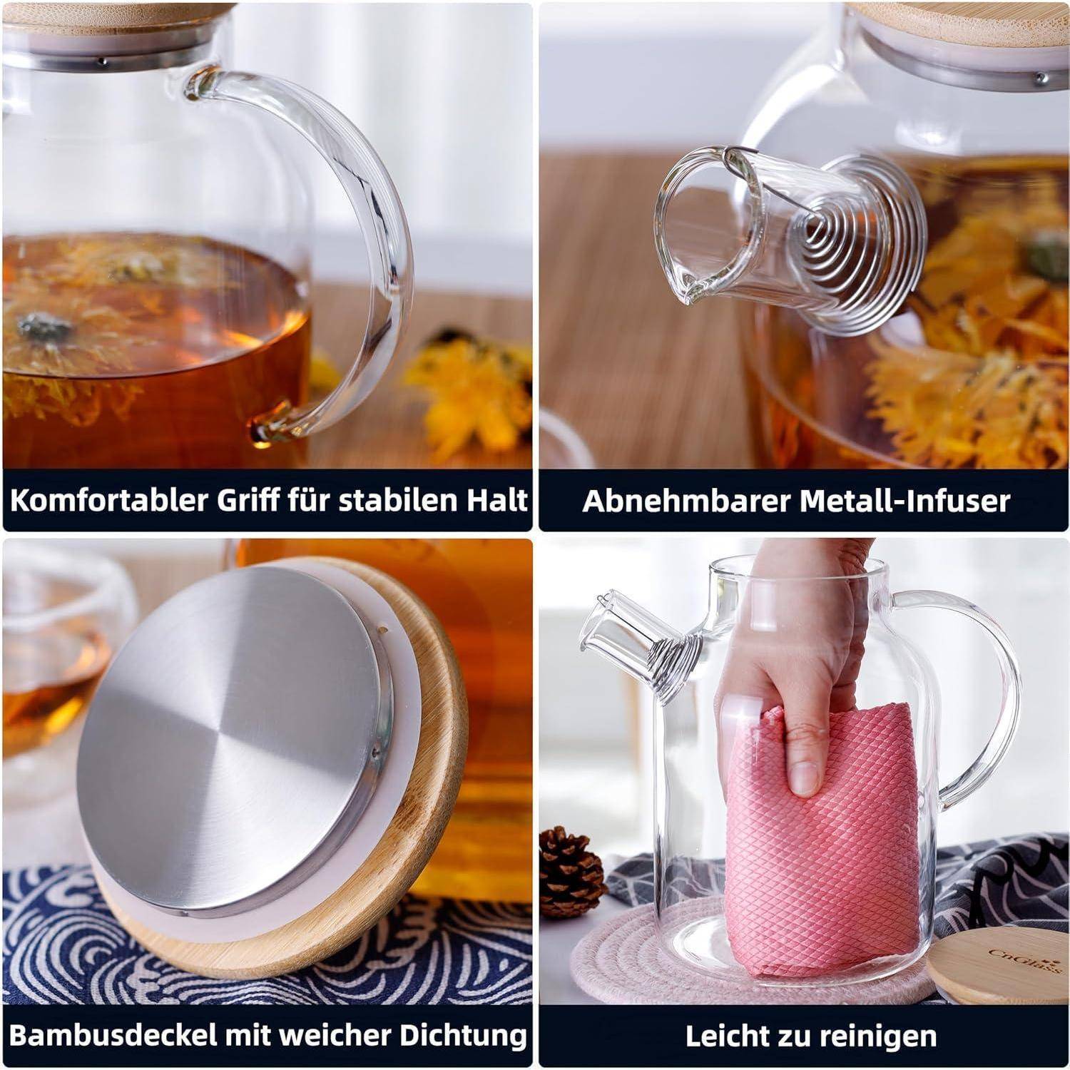 Teekanne Glas 1500ML mit Siebeinsatz für losen Tee - Herdsicher