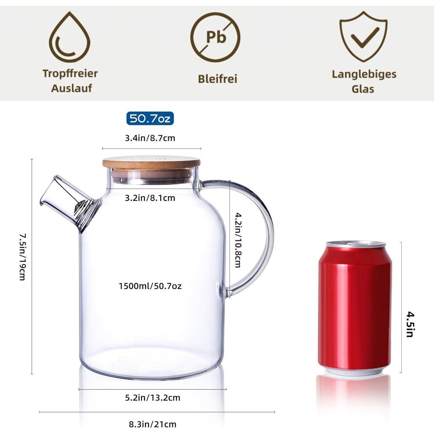Teekanne Glas 1500ML mit Siebeinsatz für losen Tee - Herdsicher