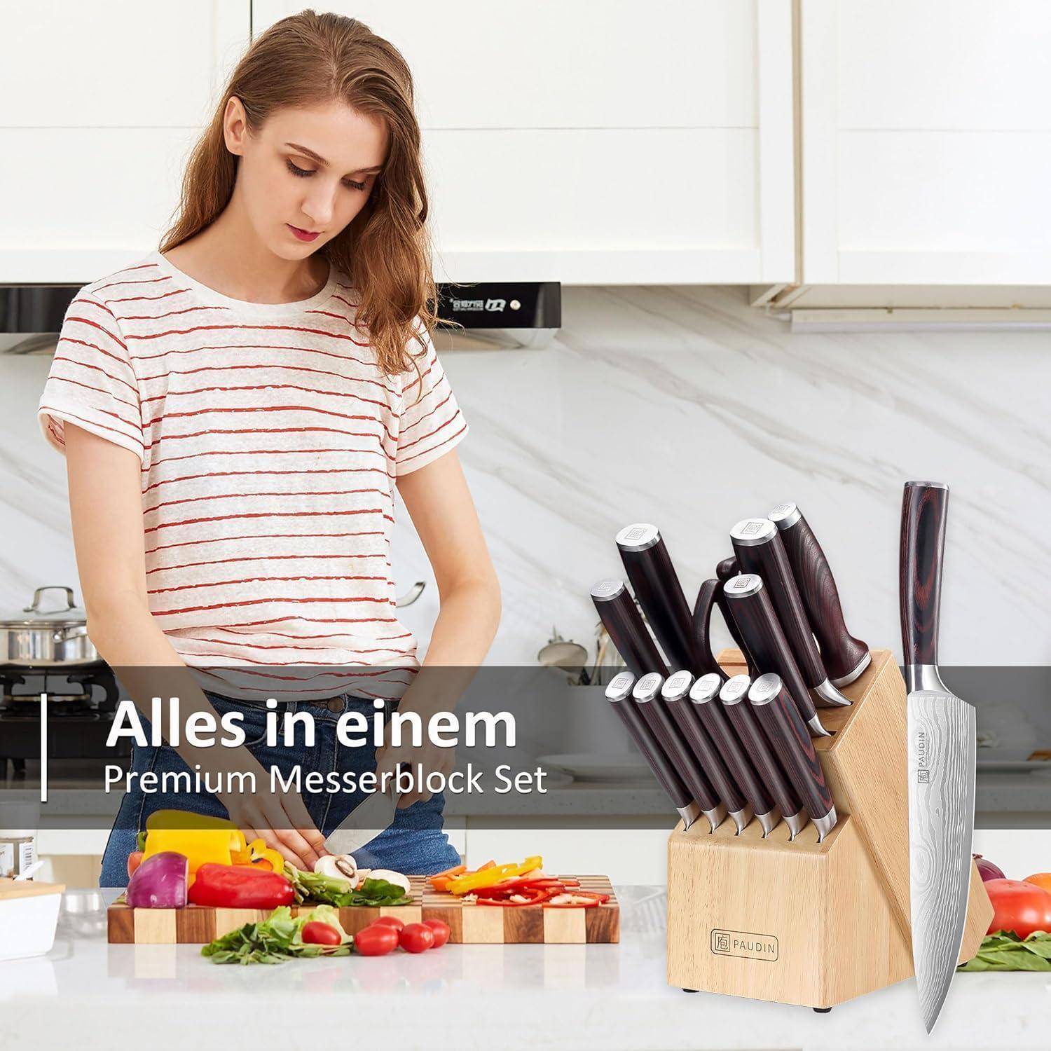 Messerblock Set 14-teilig Edelstahl Holzblock Profi Küchenmesser