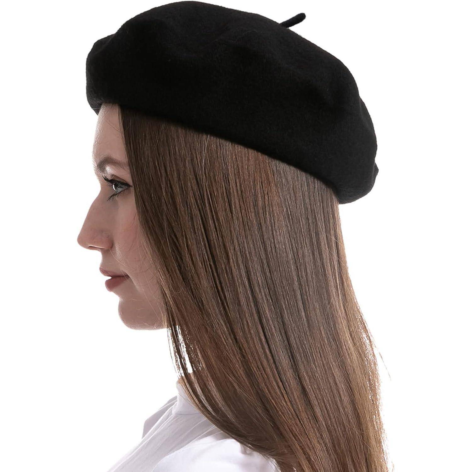 Damen-Wollmütze Französische Baskenmütze Schwarz warm & weich