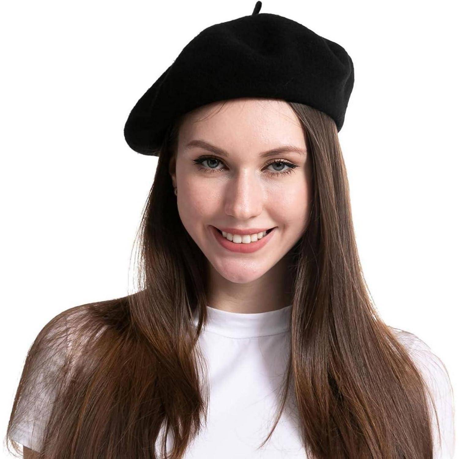 Damen-Wollmütze Französische Baskenmütze Schwarz warm & weich