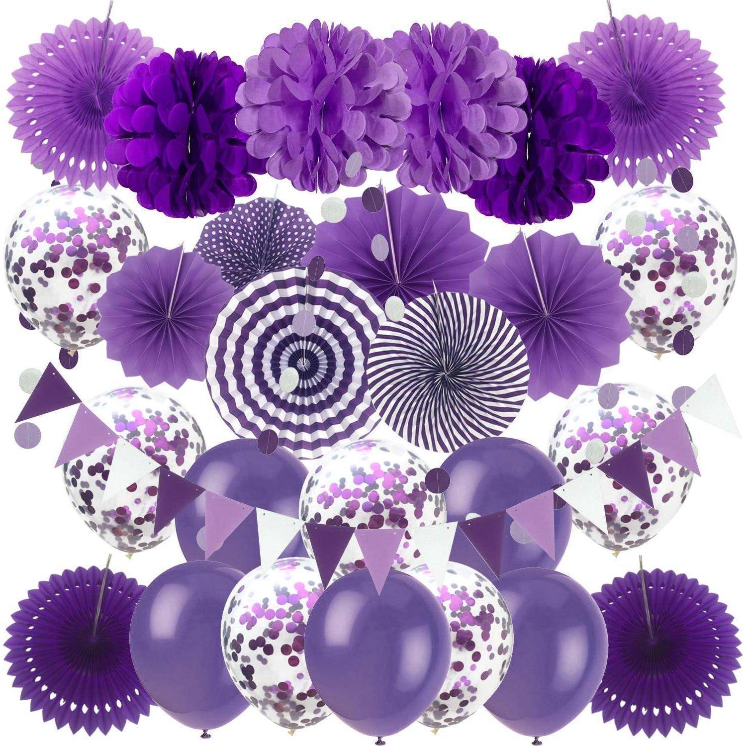 Party Dekoration Set Violett: Ballons, Papier Pompoms, Fächer