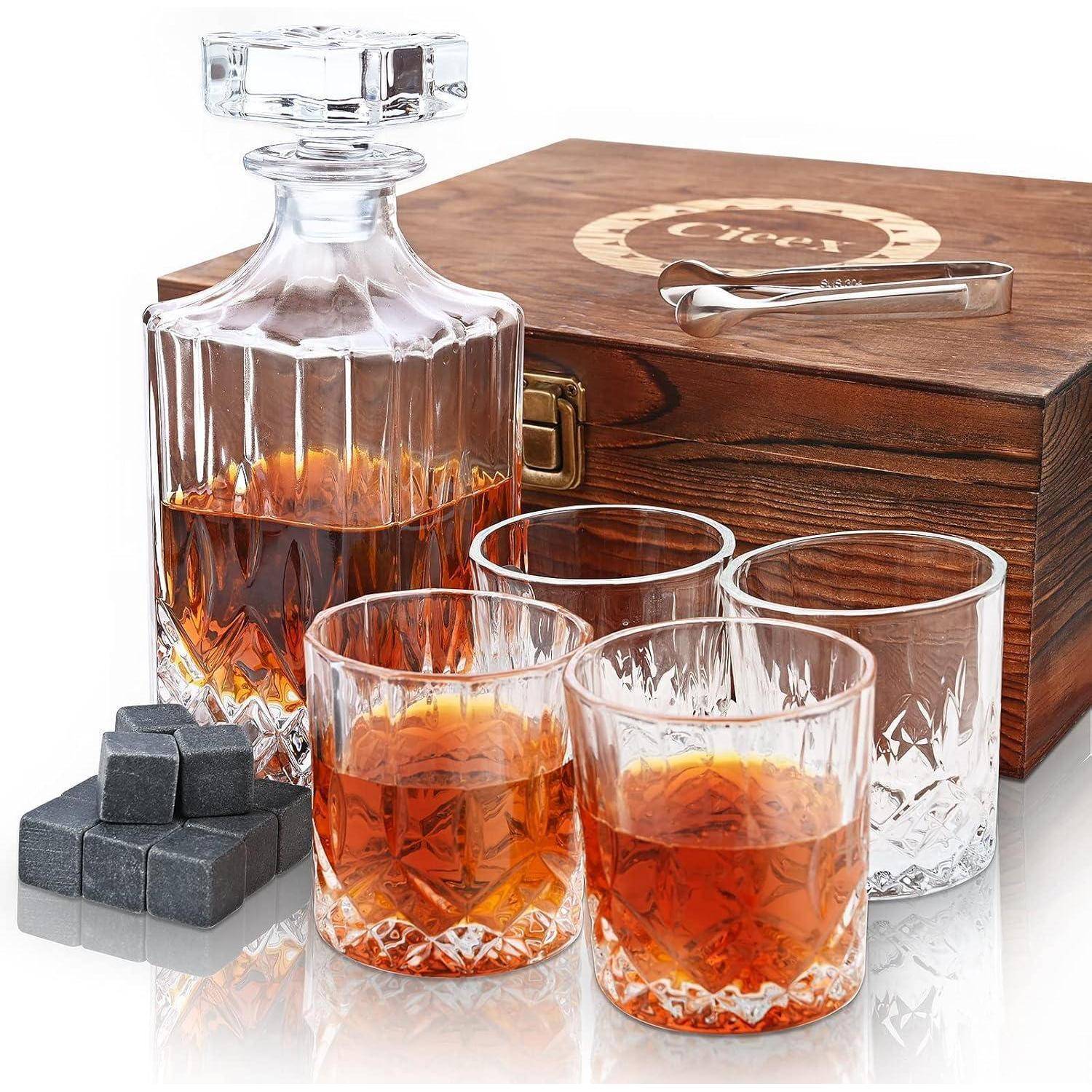 Whiskey Karaffe Set 750ml mit 4 Whiskeygläsern 12 Steine in Holzkiste