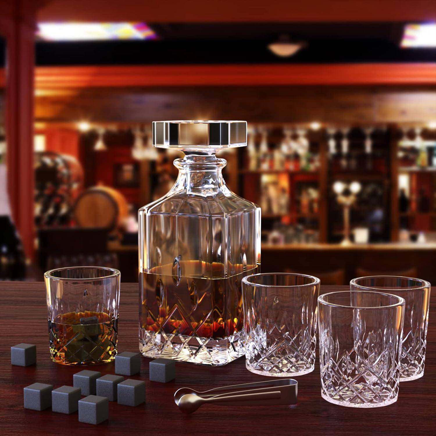 Whiskey Karaffe Set 750ml mit 4 Whiskeygläsern 12 Steine in Holzkiste