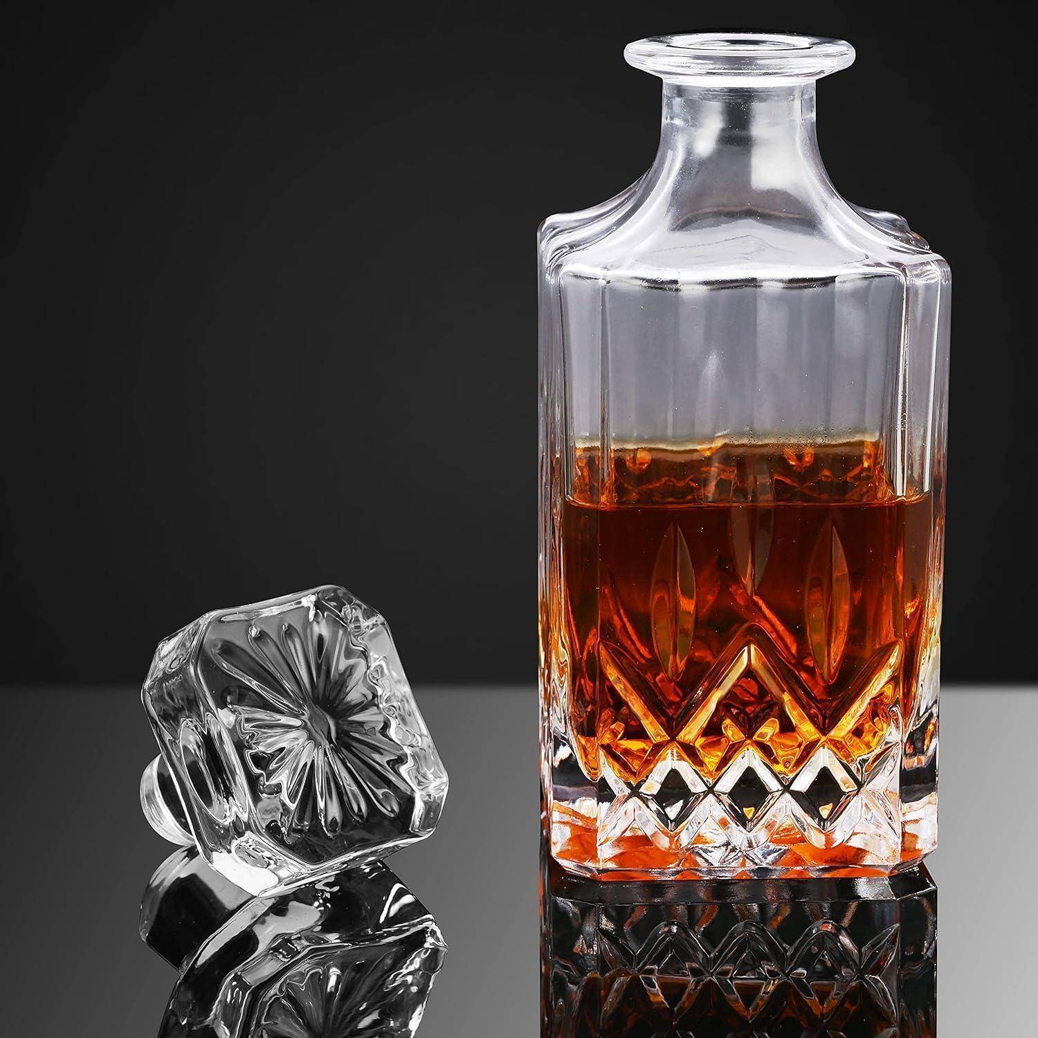 Whiskey Karaffe Set 750ml mit 4 Whiskeygläsern 12 Steine in Holzkiste